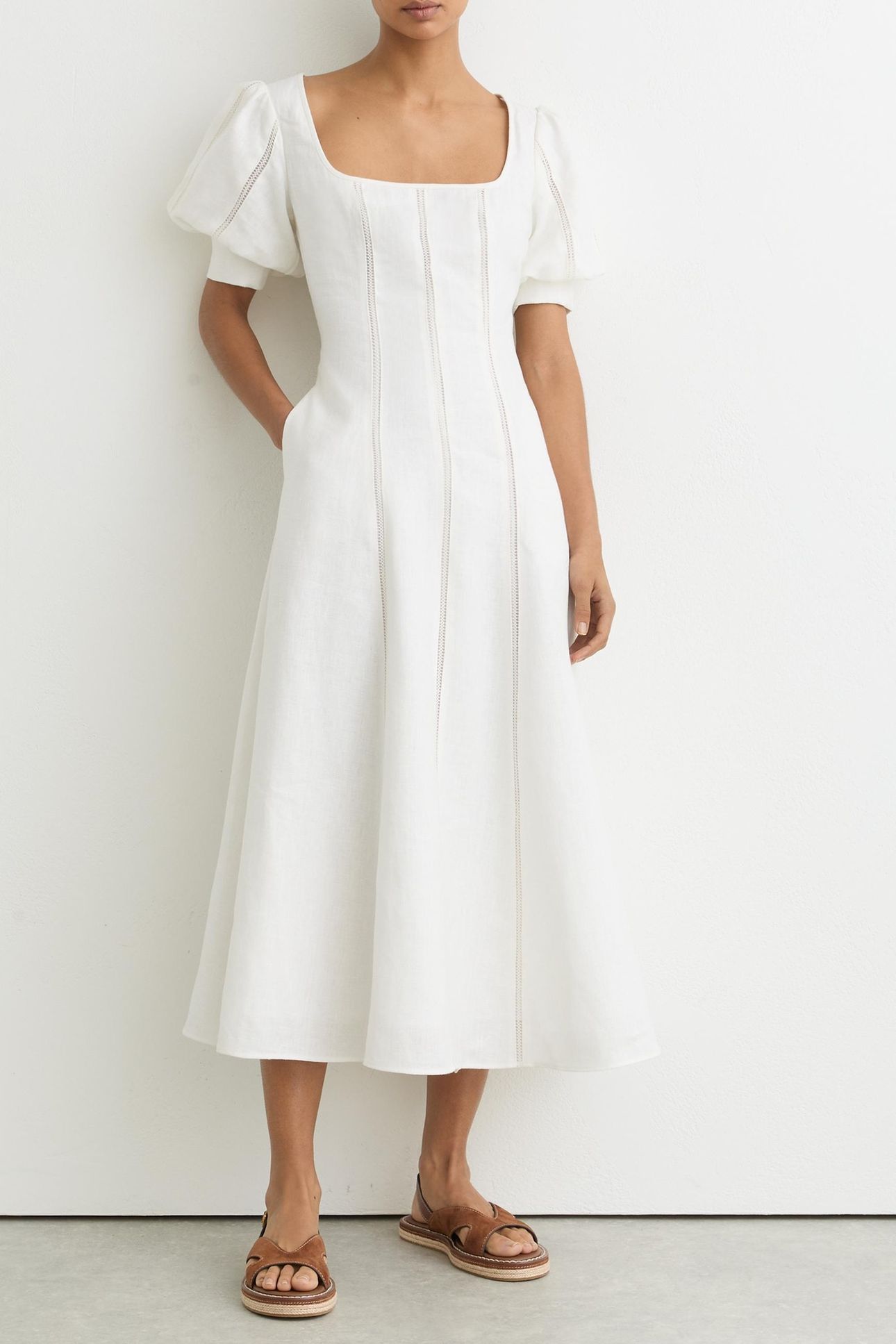 SHORT SLEEVE LINEN MIDI DRESS IVORY 1