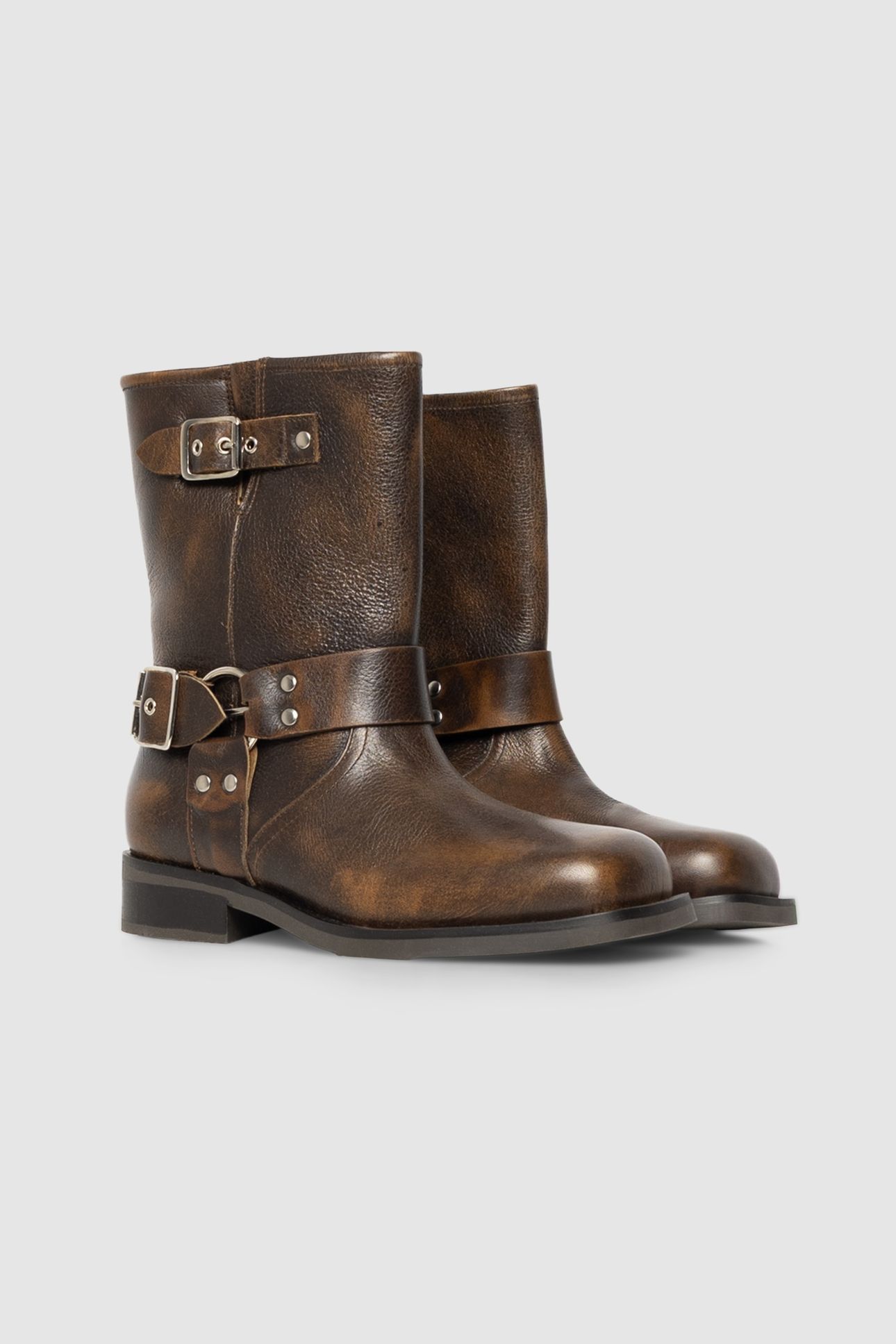BROWN LEATHER BIKER BOOTS WITH THREE BUCKLES 2
