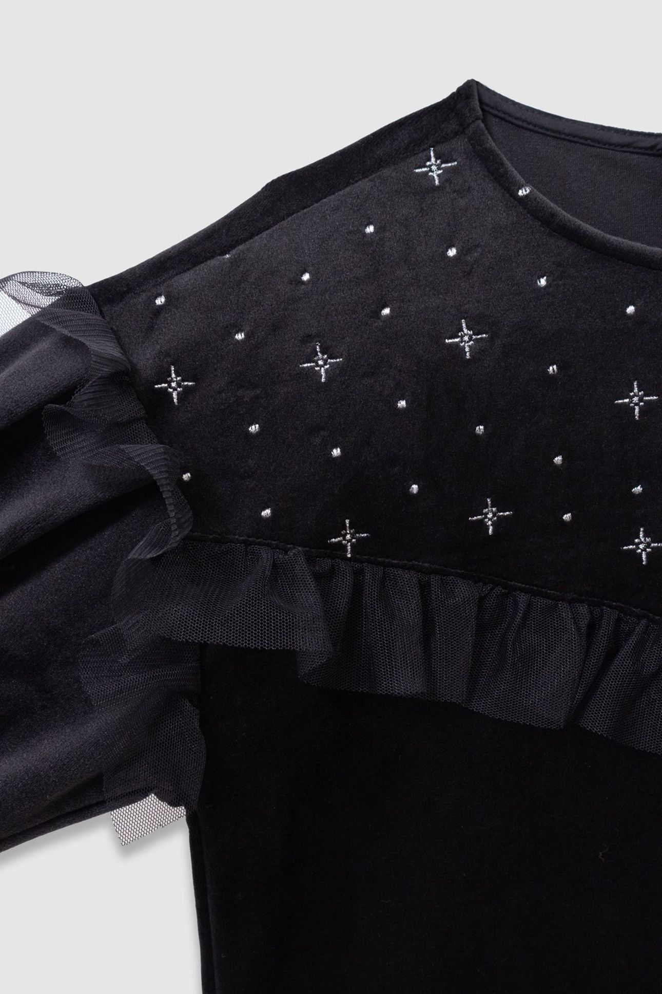 GIRLS’ BLACK EMBROIDERED VELVET DRESS WITH TULLE RUFFLES 4