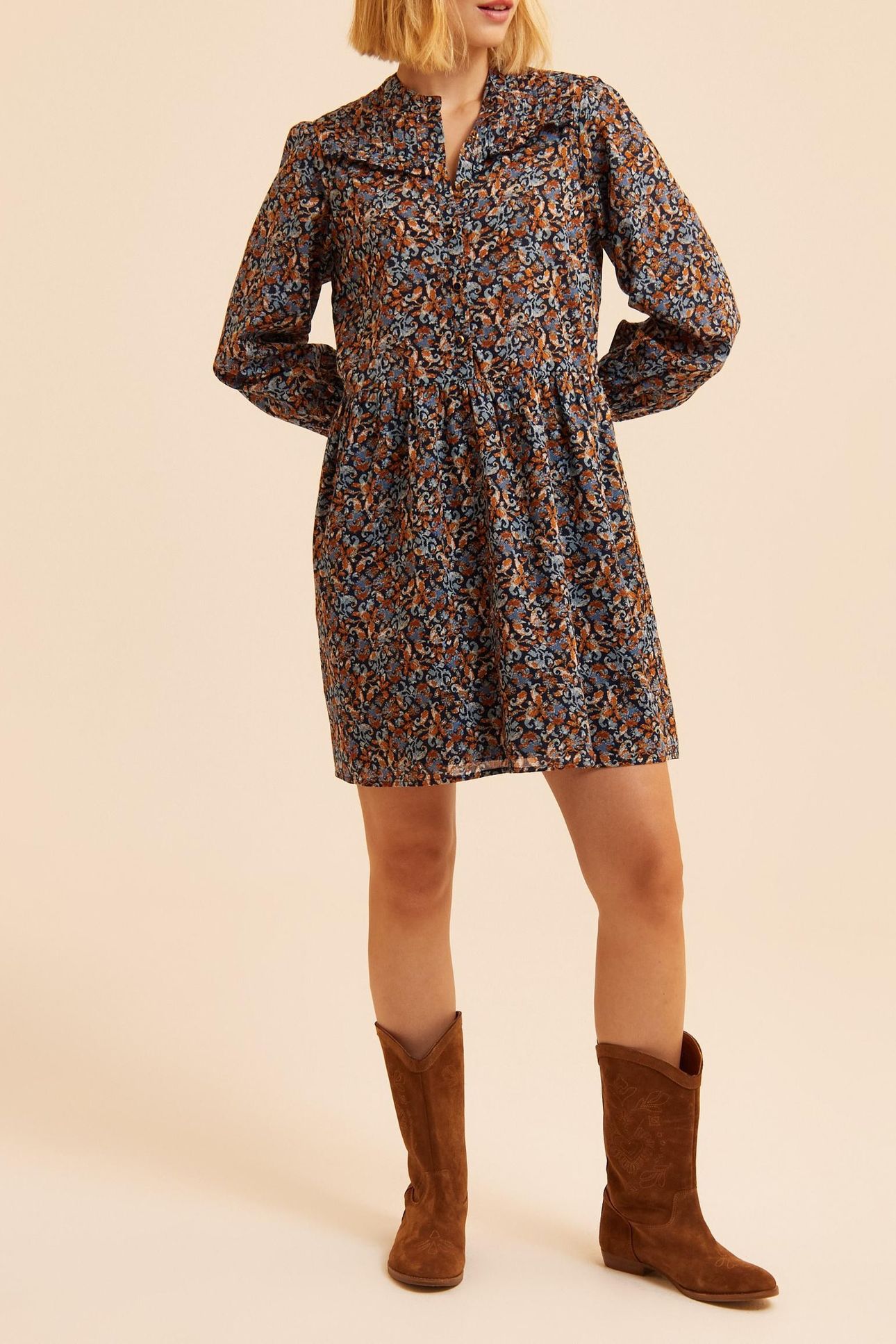 BLUE DRESS WITH BAROQUE FLOWER PRINT 2