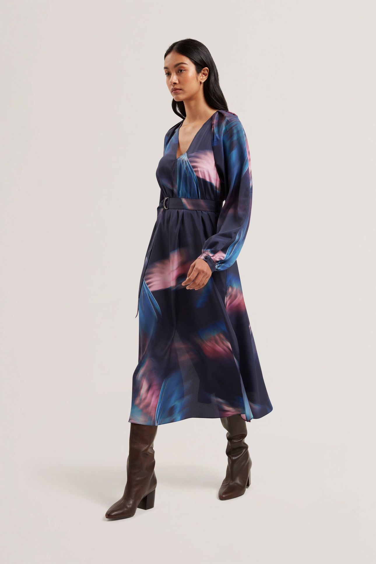 ARADE PRINTED BELTED MIDI DRESS NAVY 1