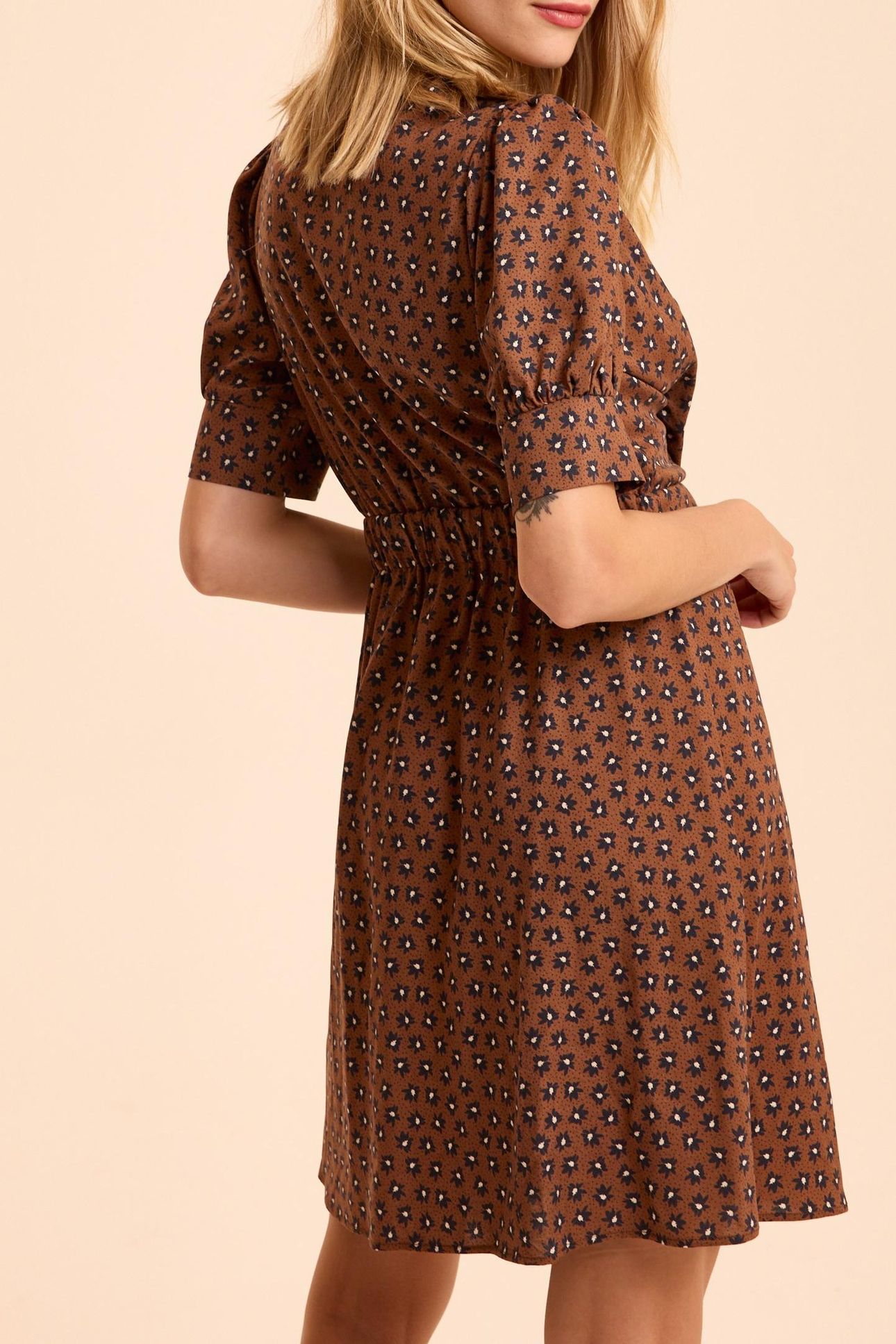 CAMEL DRESS WITH BLACK FLOWER PRINT 2