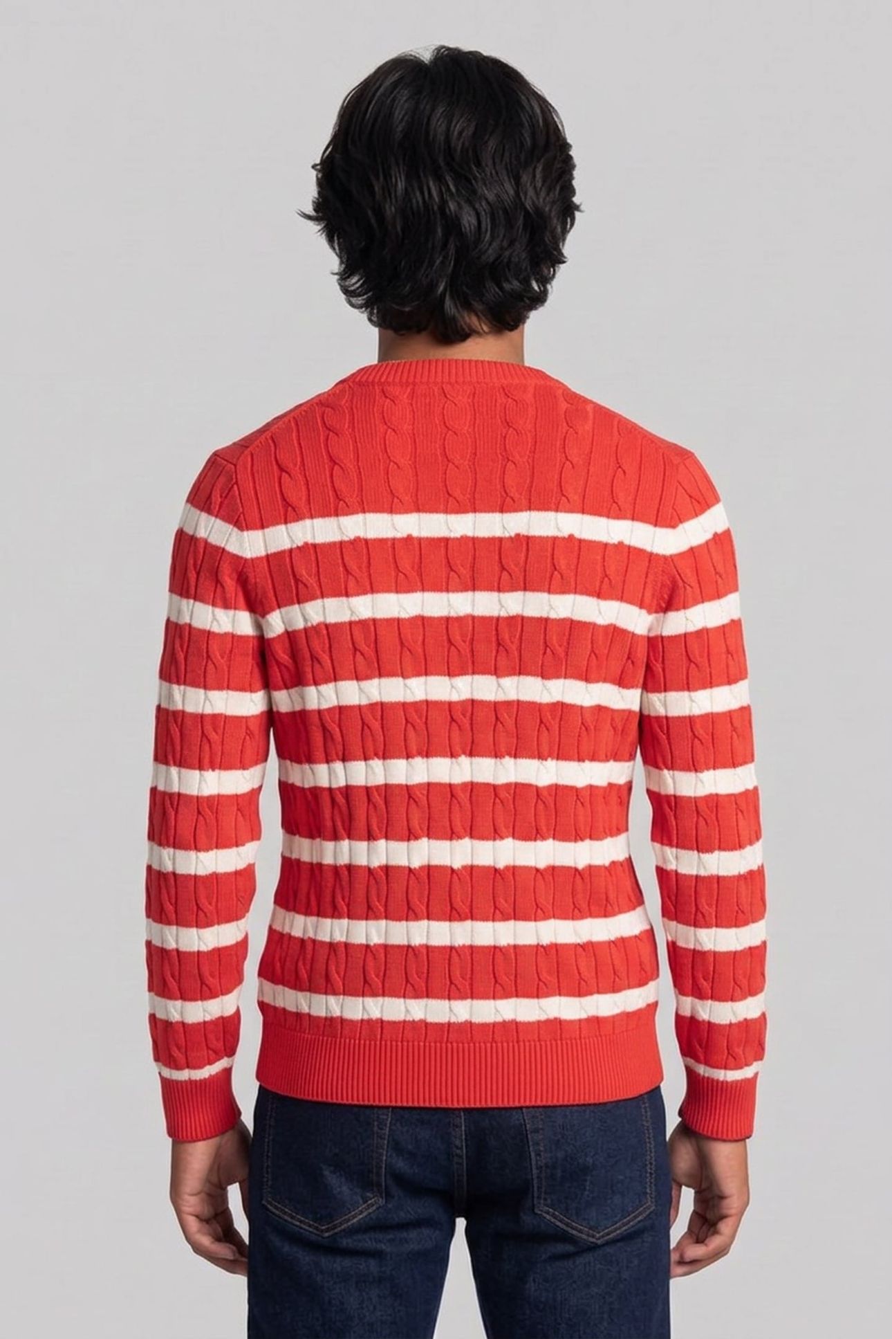 STRIPED COTTON CABLE C-NECK ROSE RED 2