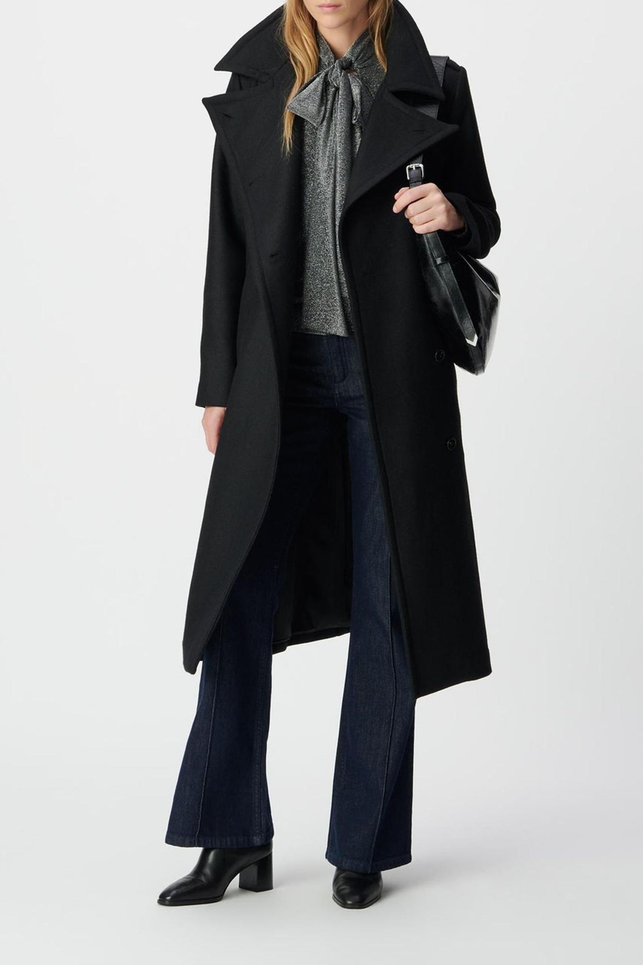 BLACK WOOLCLOTH BELTED PEA COAT-STYLE LONG COAT 4