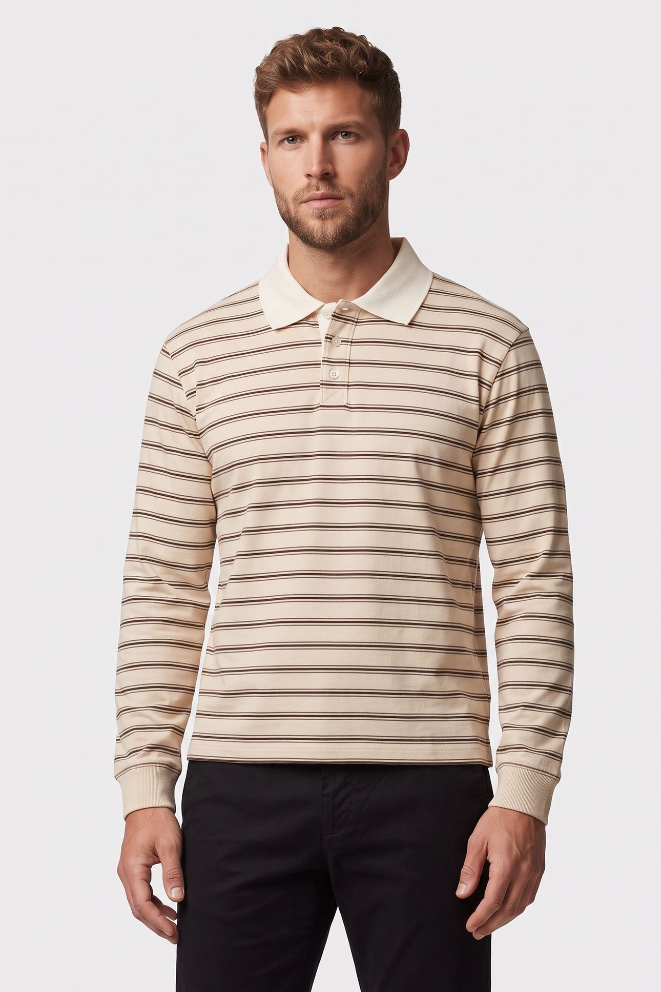 UNISEX POLO LONG SLEEVE STRIPED ECRU 2