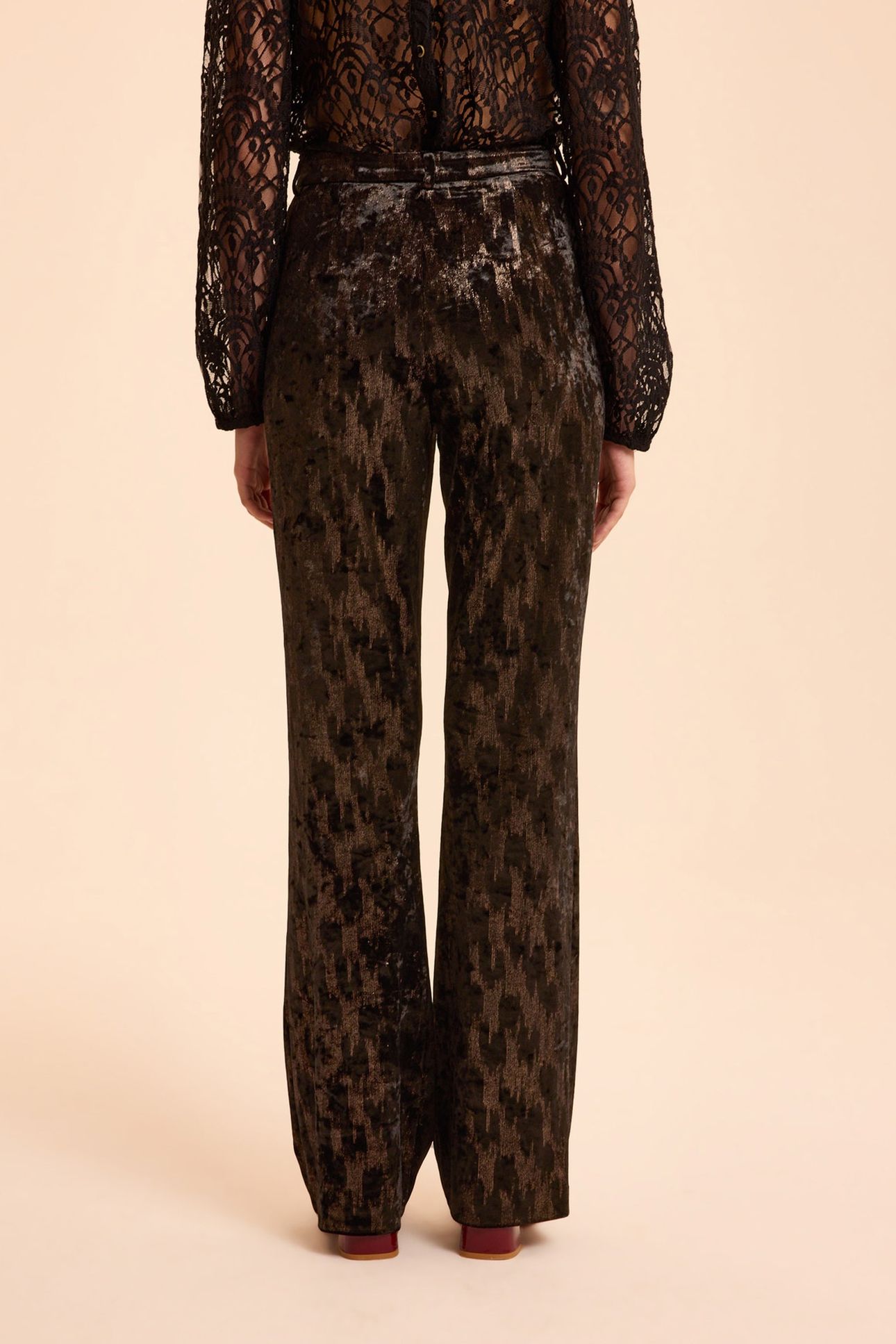 BLACK VELVET TROUSERS WITH TACHIST MOTIF 2