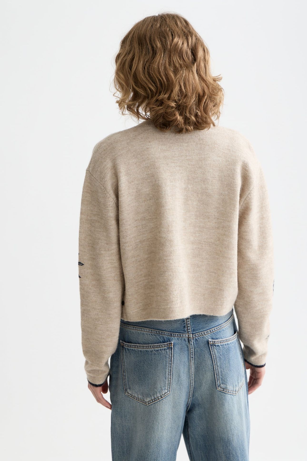 EMBROIDERED CREW NECK CARDIGAN OATMEAL MELANGE 2