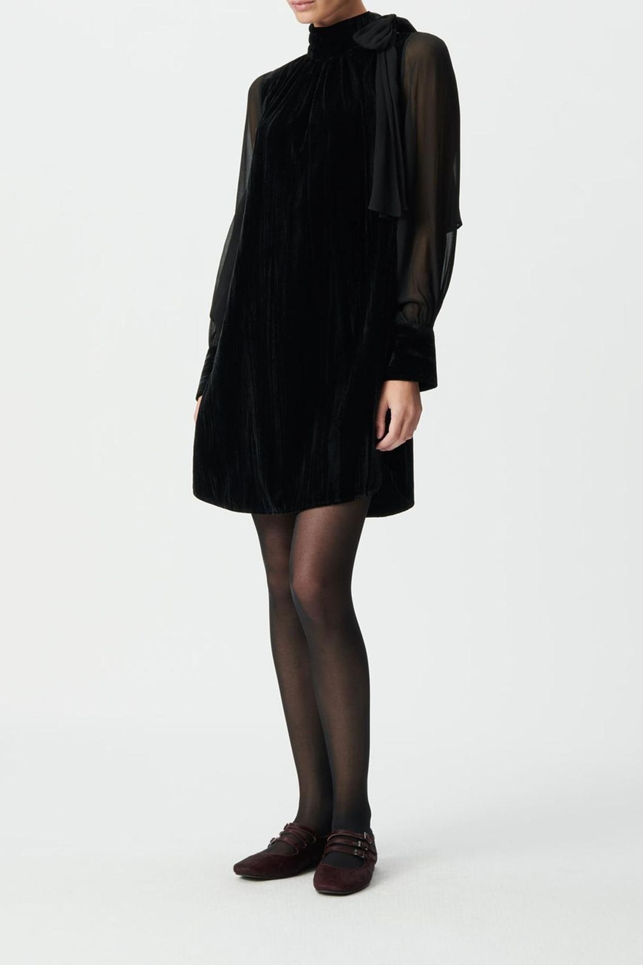 BLACK CRUSHED VELVET AND VOILE MIXED FABRIC DRESS 1