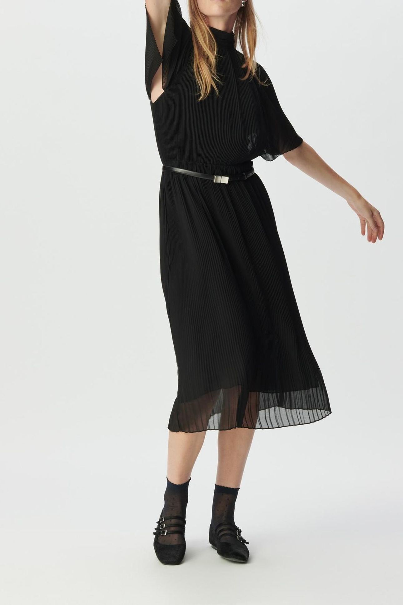 BLACK PLEATED VOILE DRESSY MIDI DRESS 5