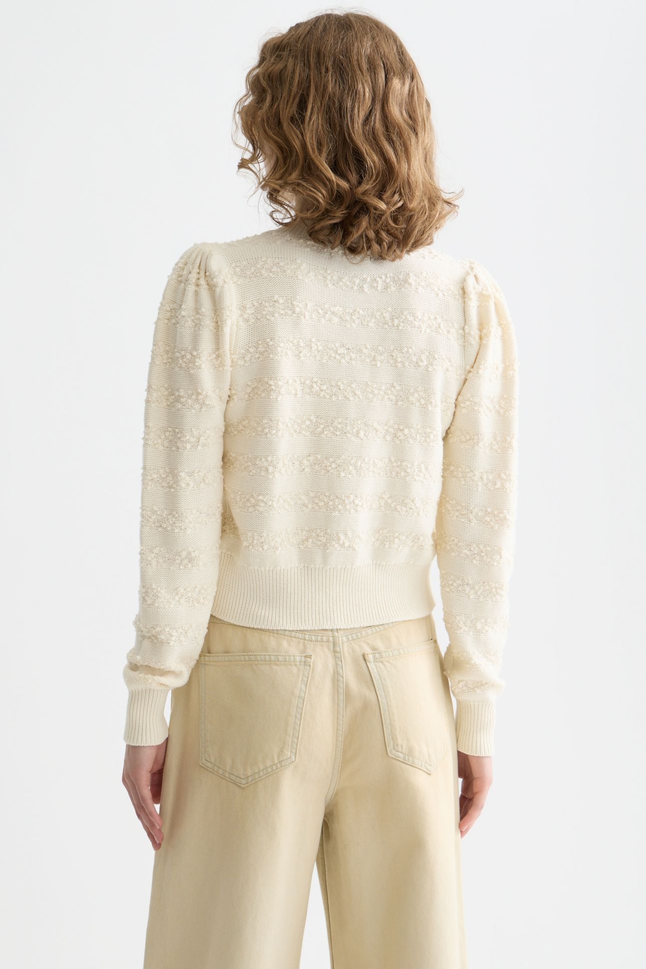 BOUCLÉ STRIPE CREW NECK CARDIGAN EGGNOG 2