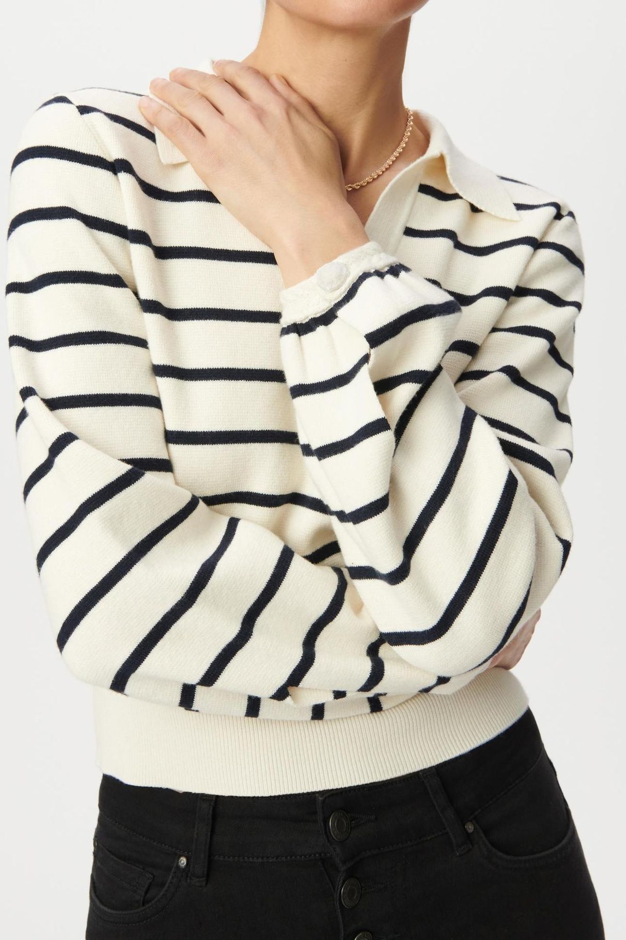 WHITE KNIT SAILOR-STRIPE SWEATER, POLO SHIRT NECK 4