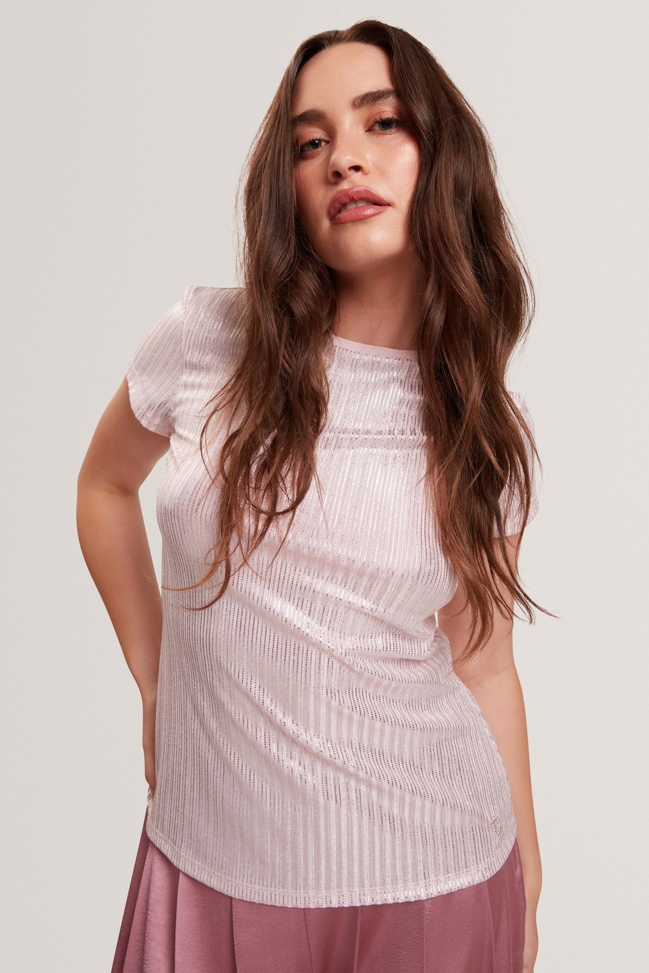 METALLIC SHORT SLEEVE CREW NECK TEE PINK 1