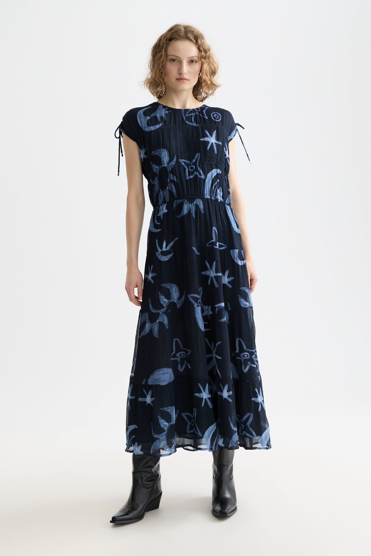 GATHERED WITH TIES MIDI DRESS COSMIC SKY SPACED CARBON 1
