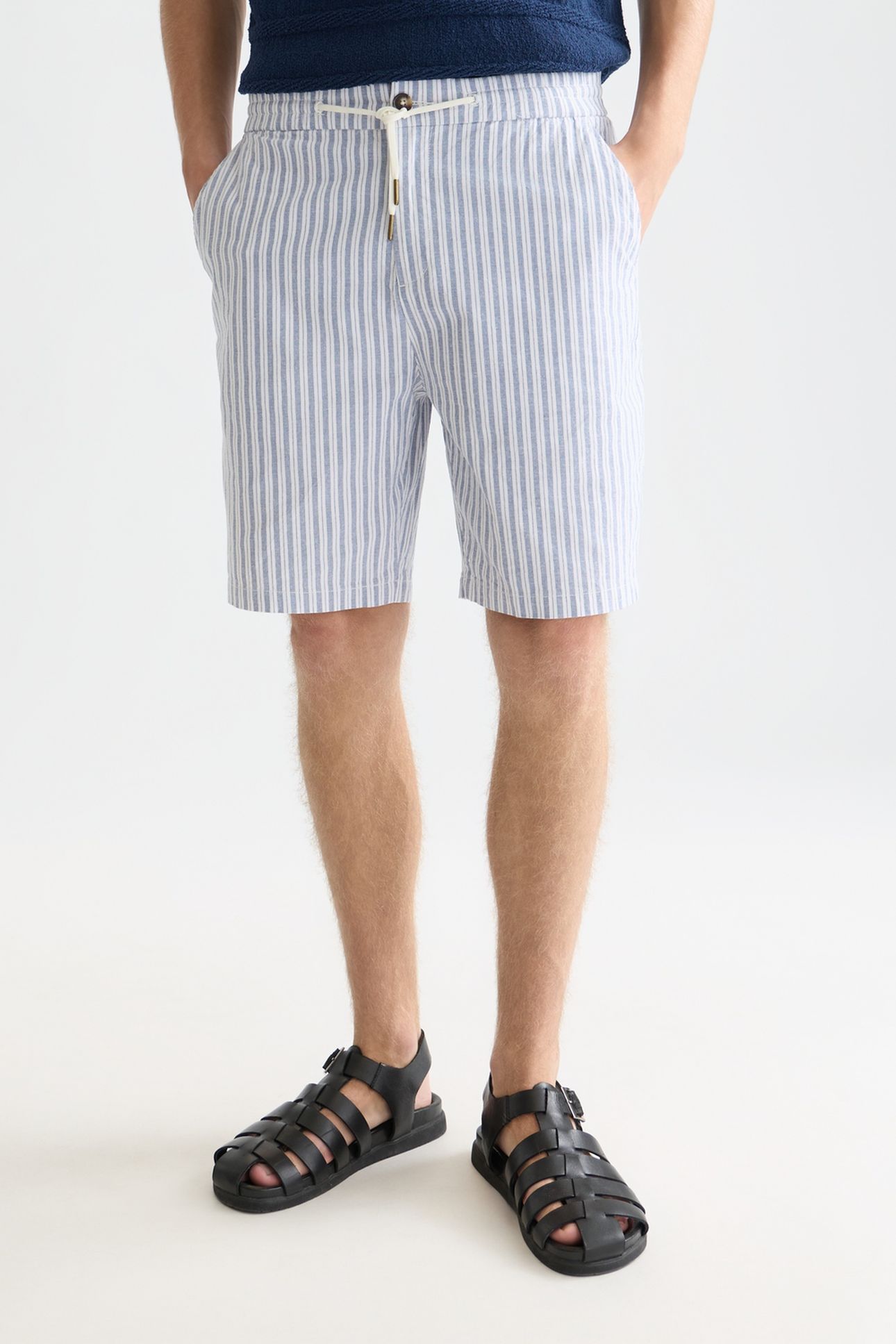 FAVE COTTONLINEN YARNDYED REGULARFIT BERMUDA SHORTS NAVY 1