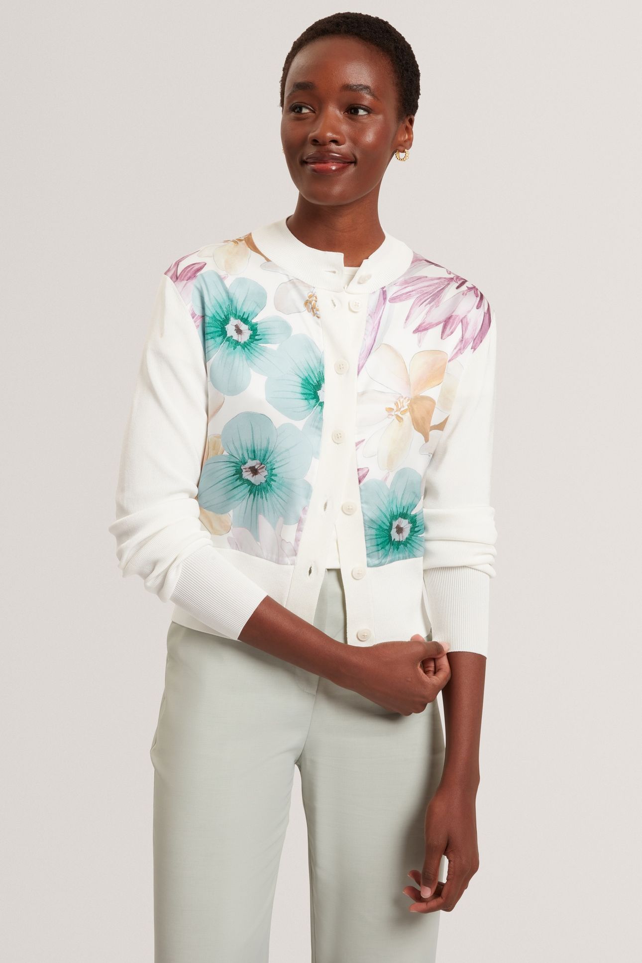 PRINTED WOVEN FRONT CARDIGAN IVORY 1