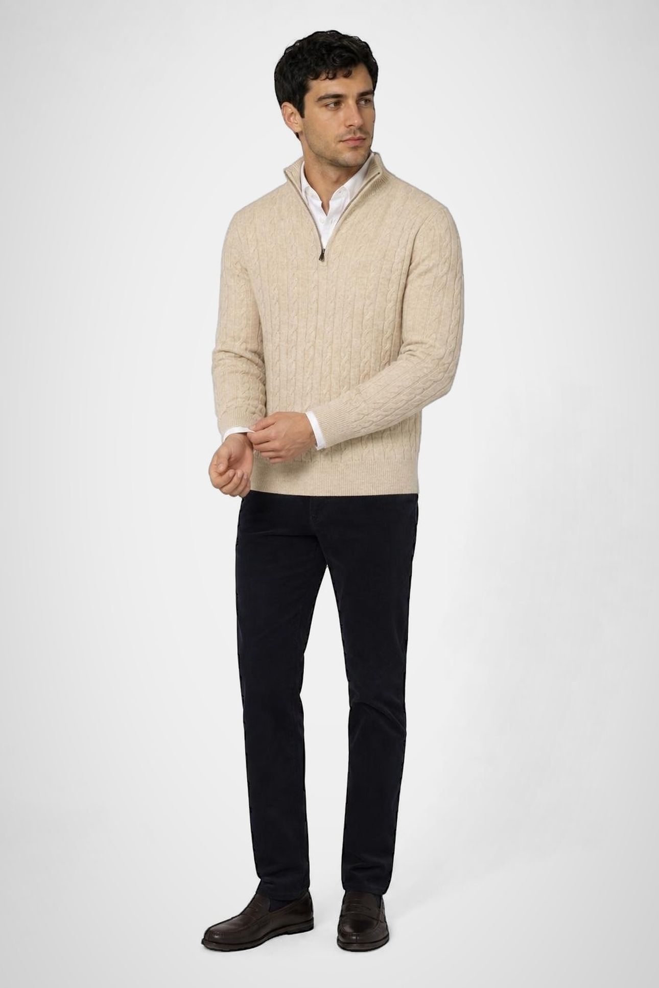 CABLE ZIP MOCK SWEATER STONE 1