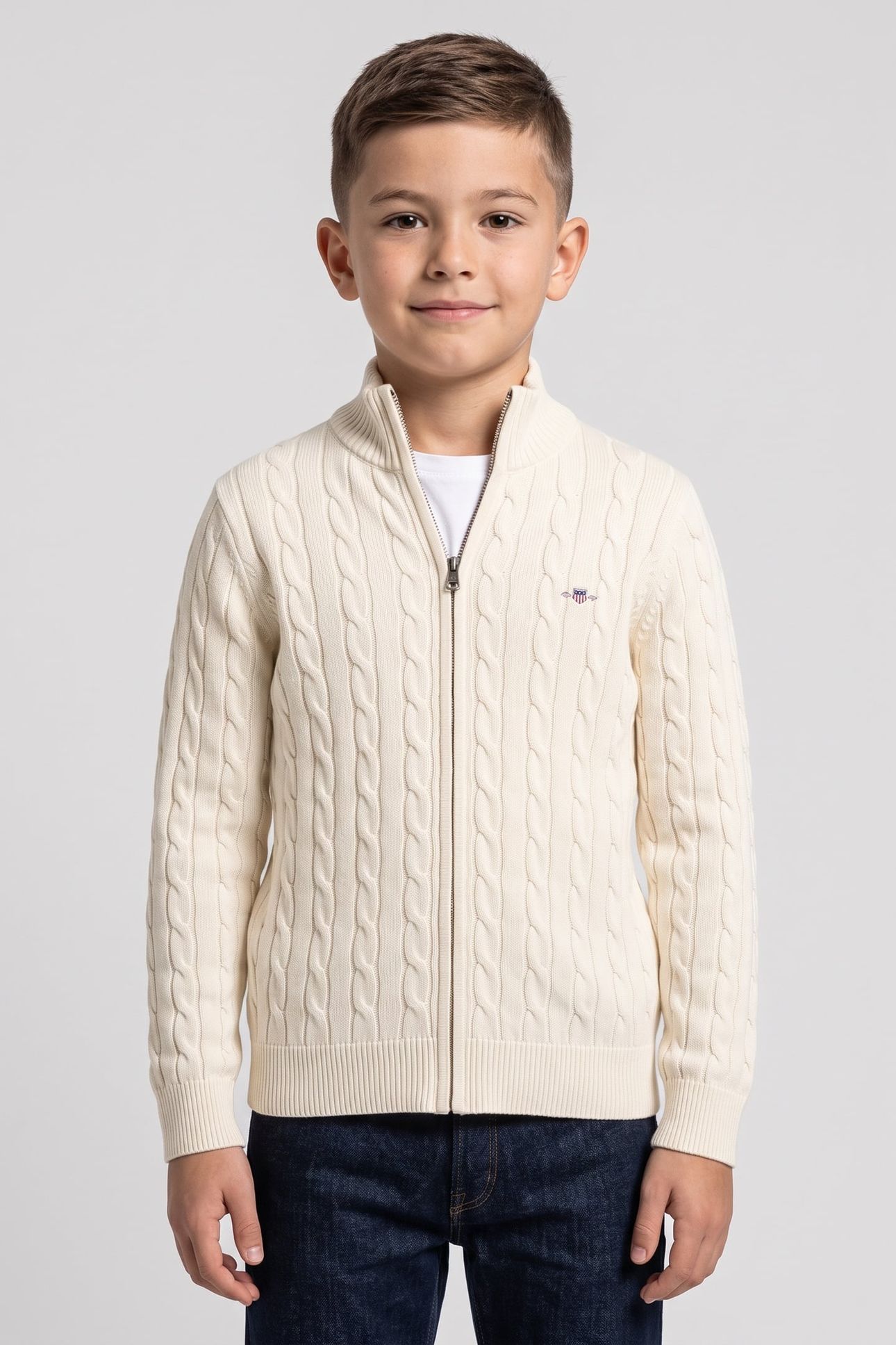 TEEN UNISEX COTTON CABLE FULL ZIP CARDIGAN CREAM 1