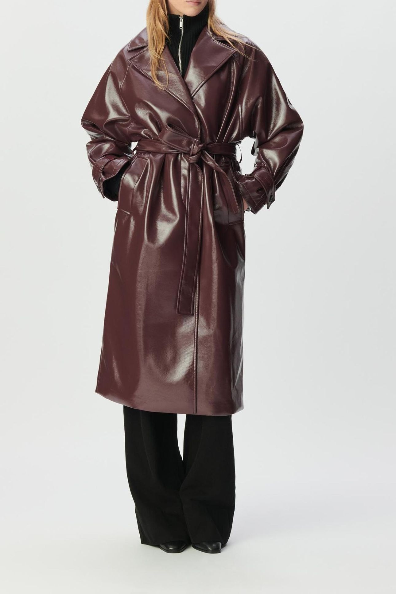 BURGUNDY VINYL-STYLE LONG TRENCH COAT 1