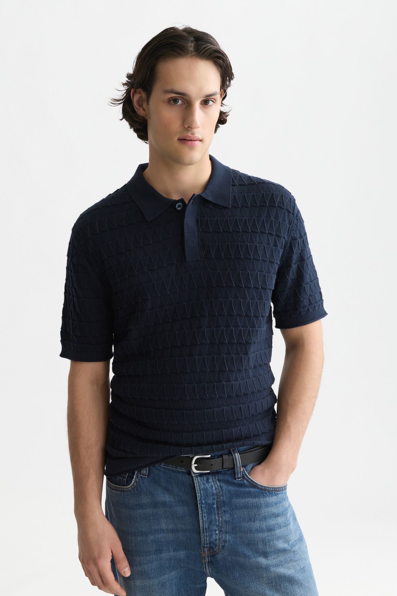 POINTELLE KNITTED REGULAR FIT POLO NAVY 1