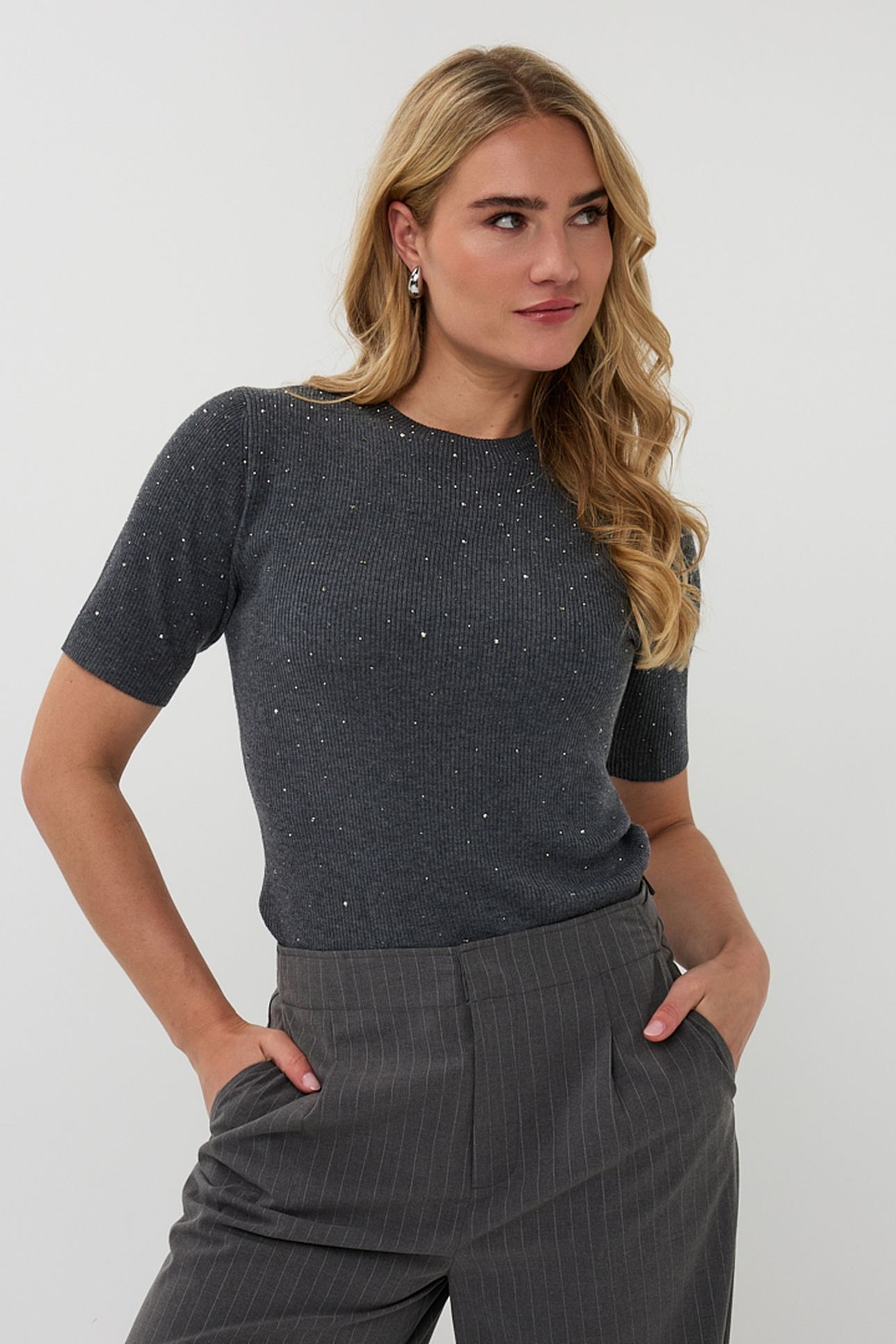 TOP RIB S/SLVE STUDS DARK GREY MELANGE 1