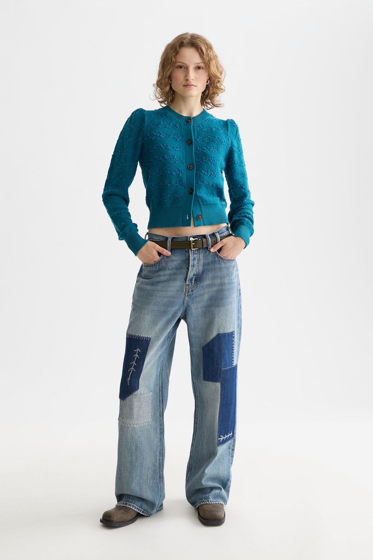 BOUCLÉ STRIPE CREW NECK CARDIGAN DEEP LAGOON 3