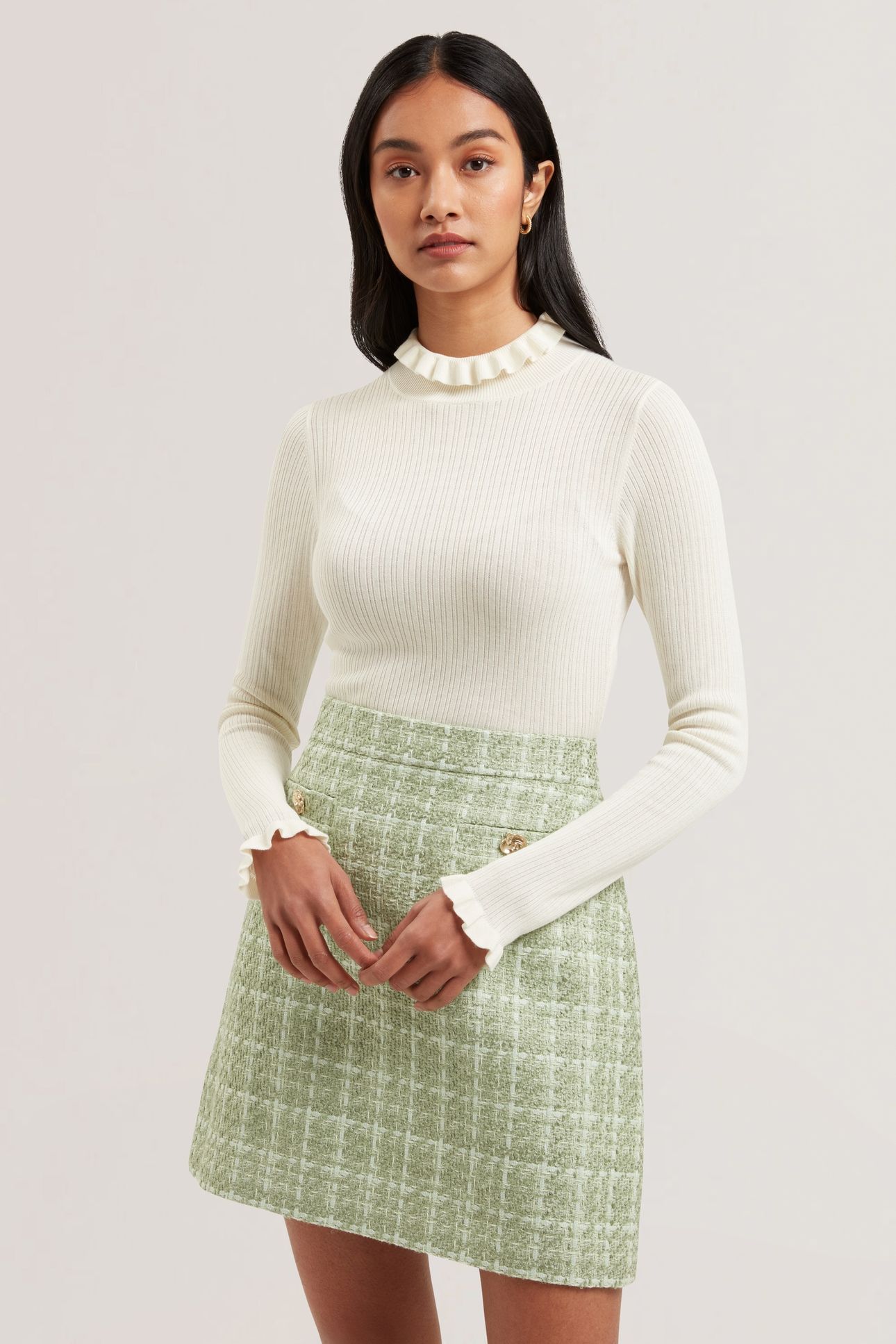 JANITTT RIB FUNNEL NECK FRILL JUMPER IVORY 1