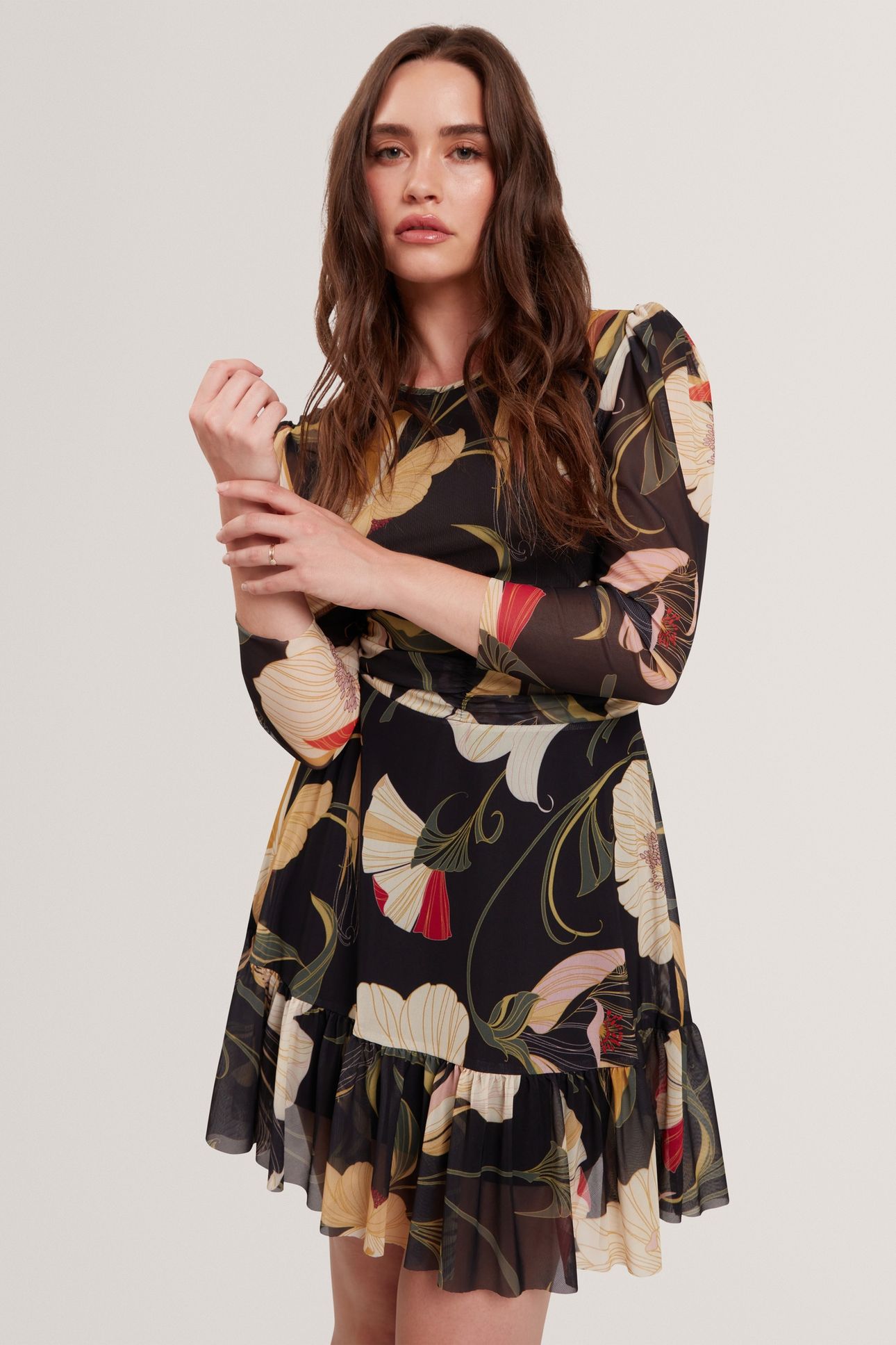GATHERED SHOULDER MESH MINI SKATER DRESS BLACK 1