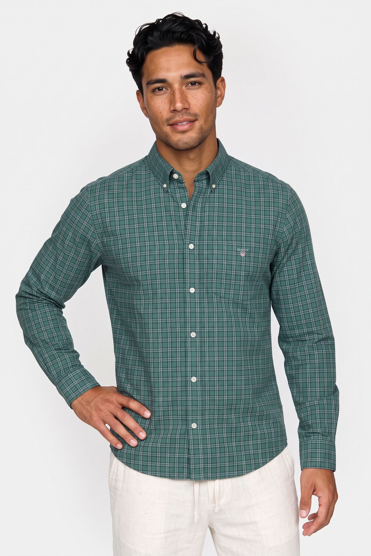 REG POPLIN CHECK SHIRT WOODY GREEN 1