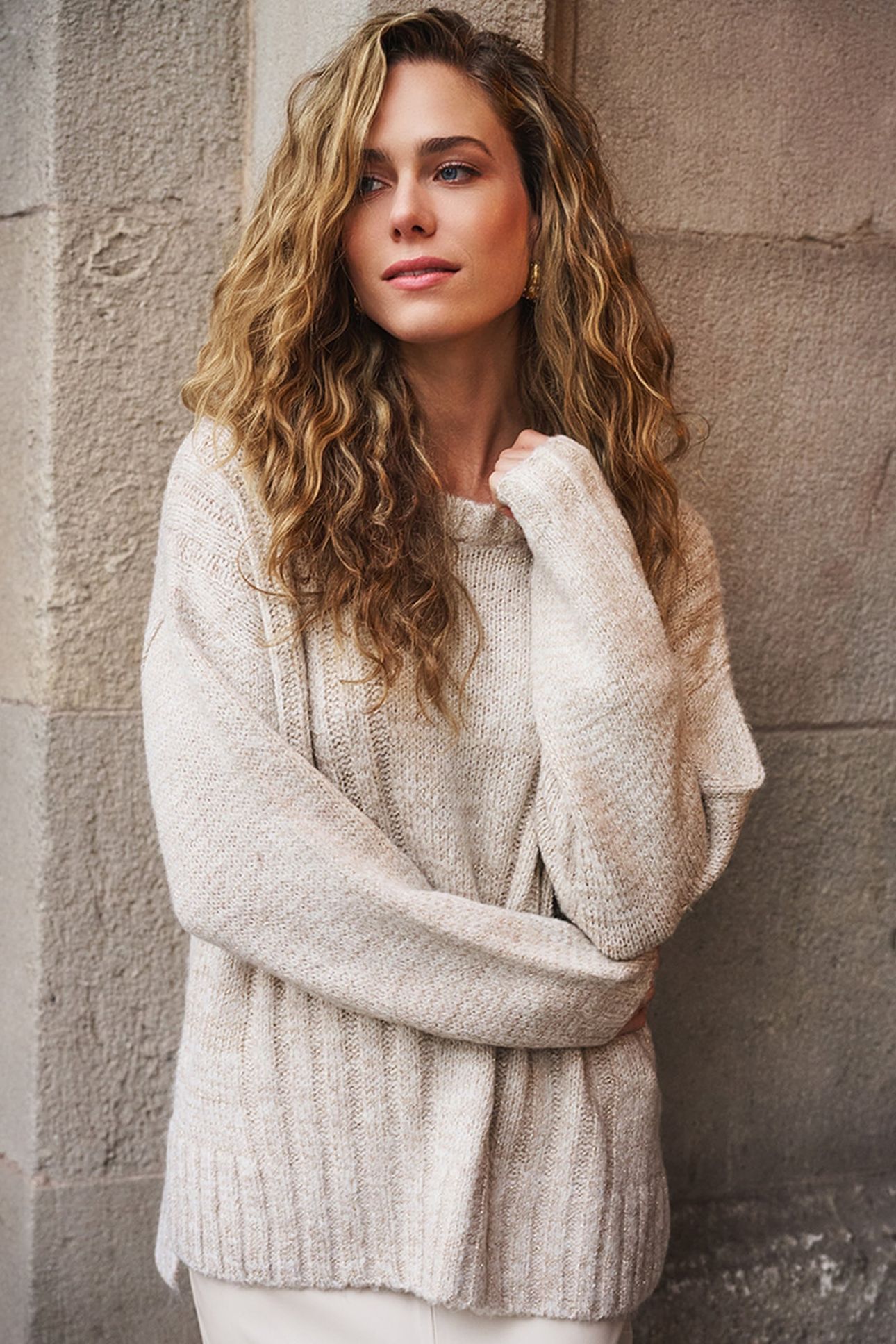 SWEATER V-NECK LUREX SAND 8