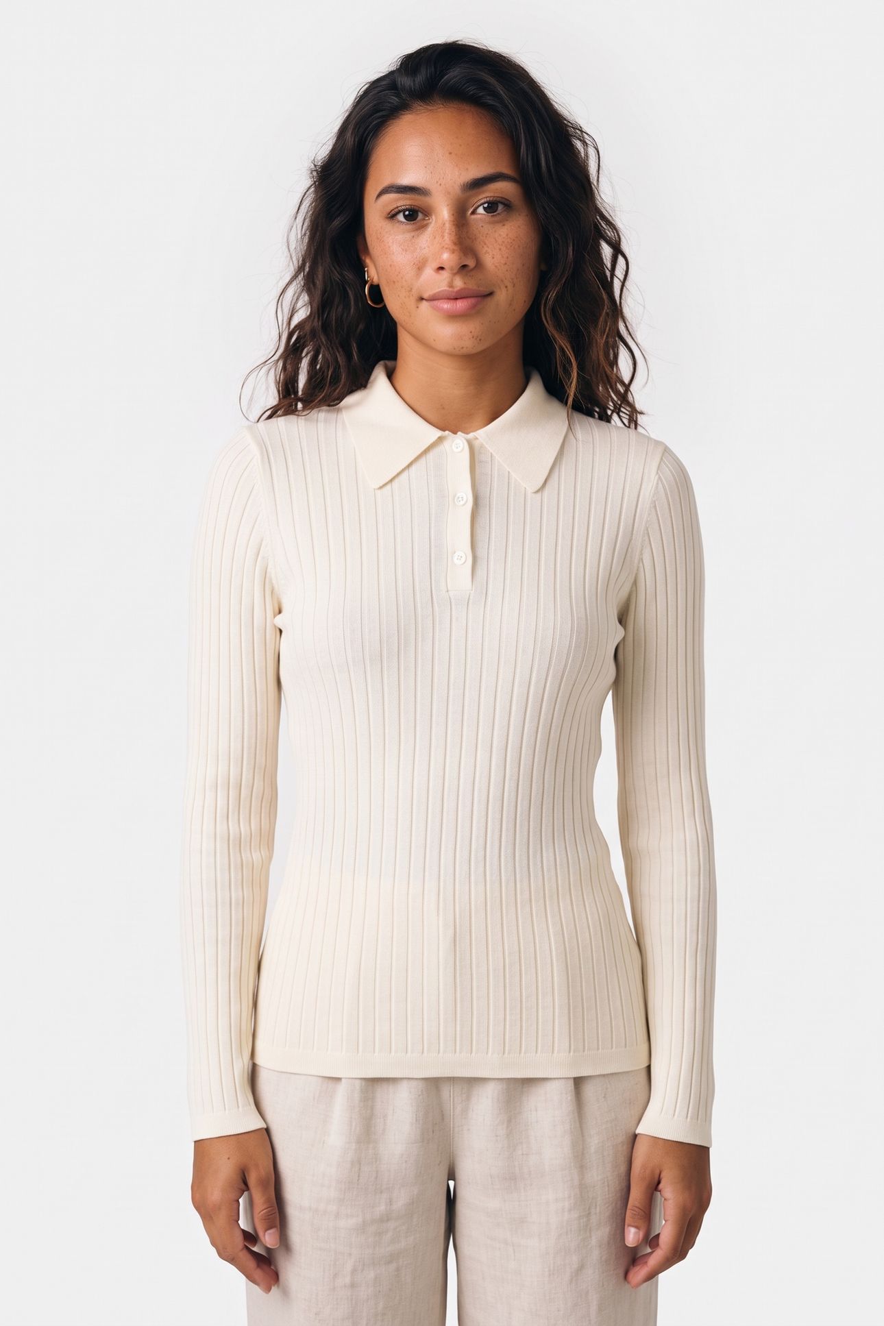 SWEATER SMALL-RIB POLO COLLAR ECRU 1