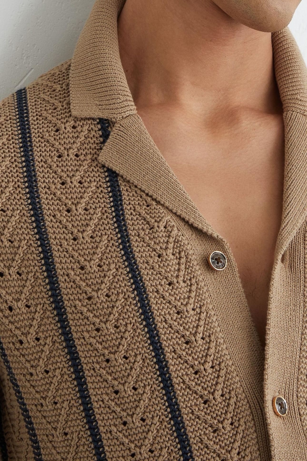 SS CUBAN BUTTON THROUGH STITCH INTEREST STRIPE SHIRT LIGHT C 5