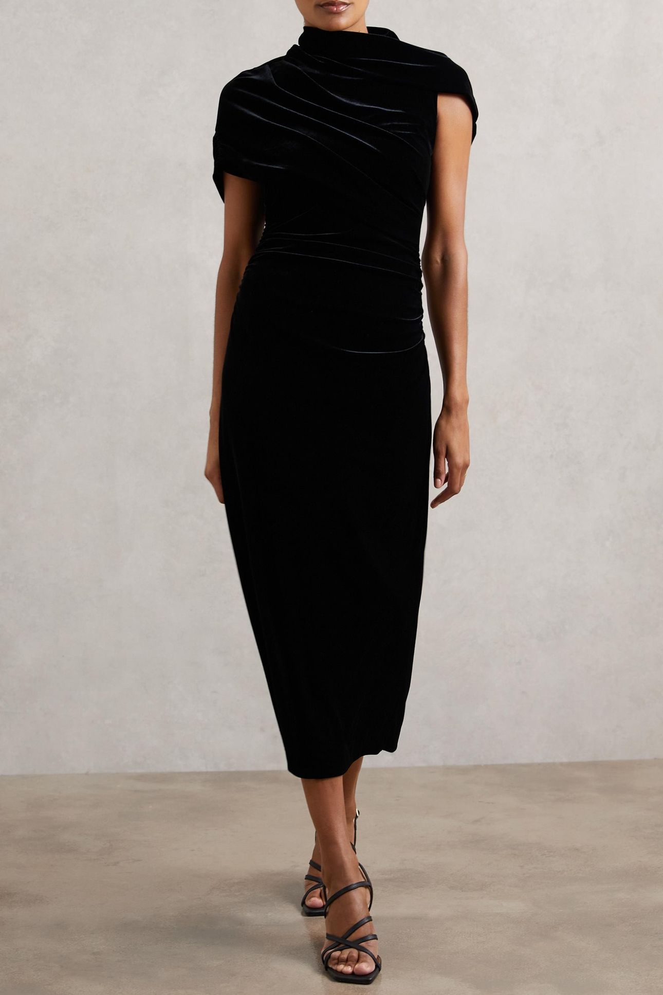 RUCHED VELVET MIDI DRESS BLACK 1