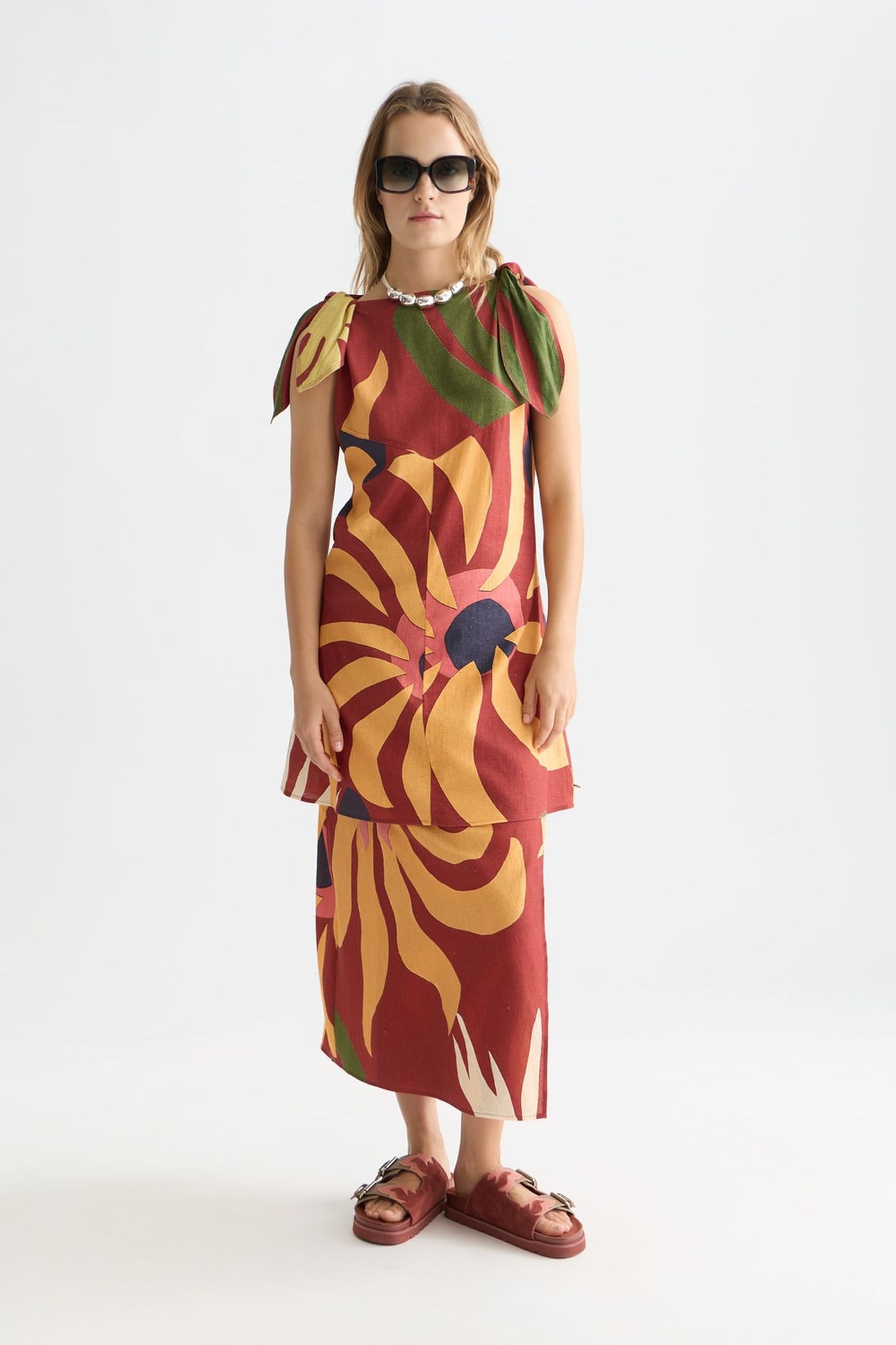 PRINTED MINI TIE DRESS DESERT HAWAIIAN BURNT HENNA 1