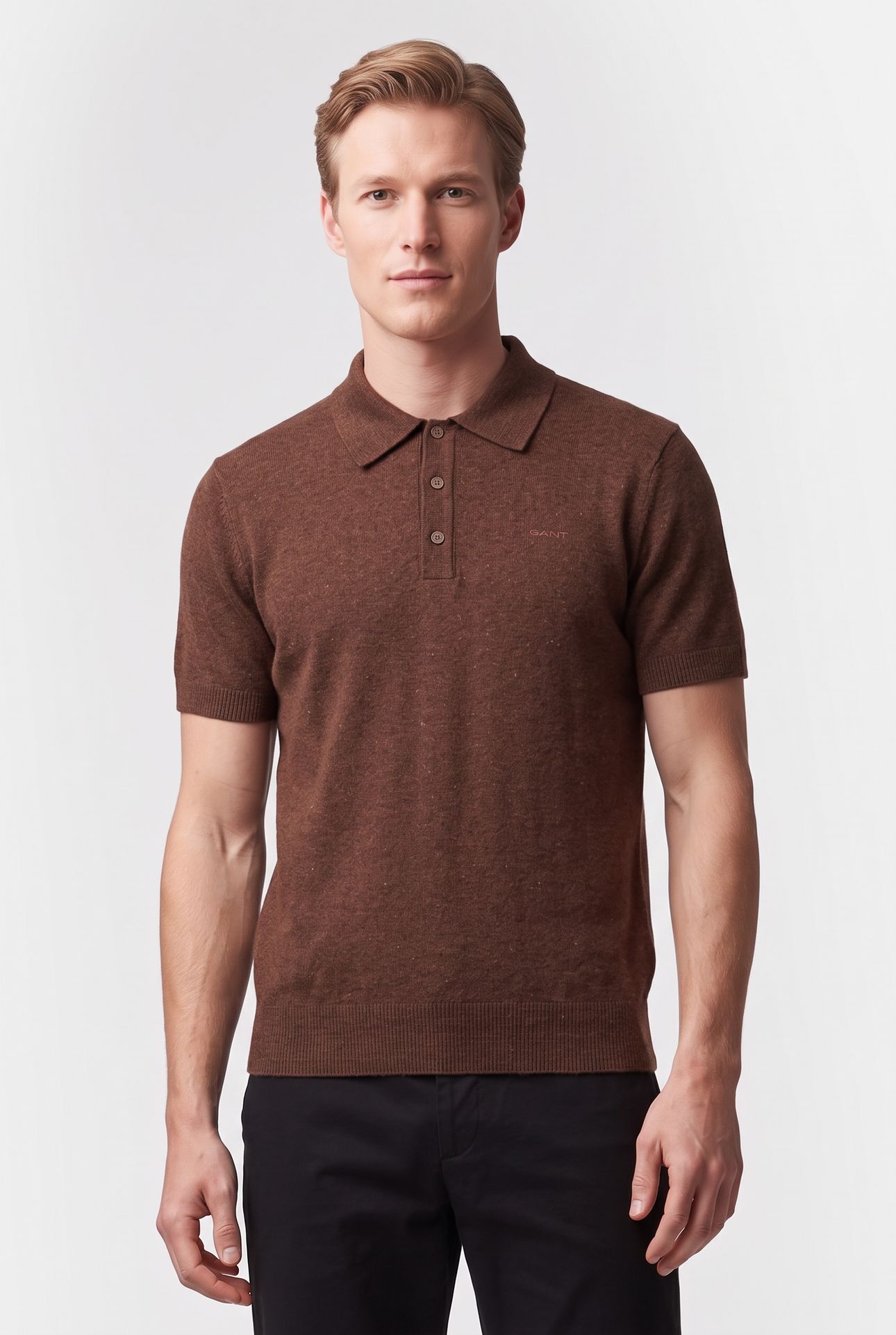 SLUB COTTON LINEN SS POLO HAZELNUT MELANGE 1