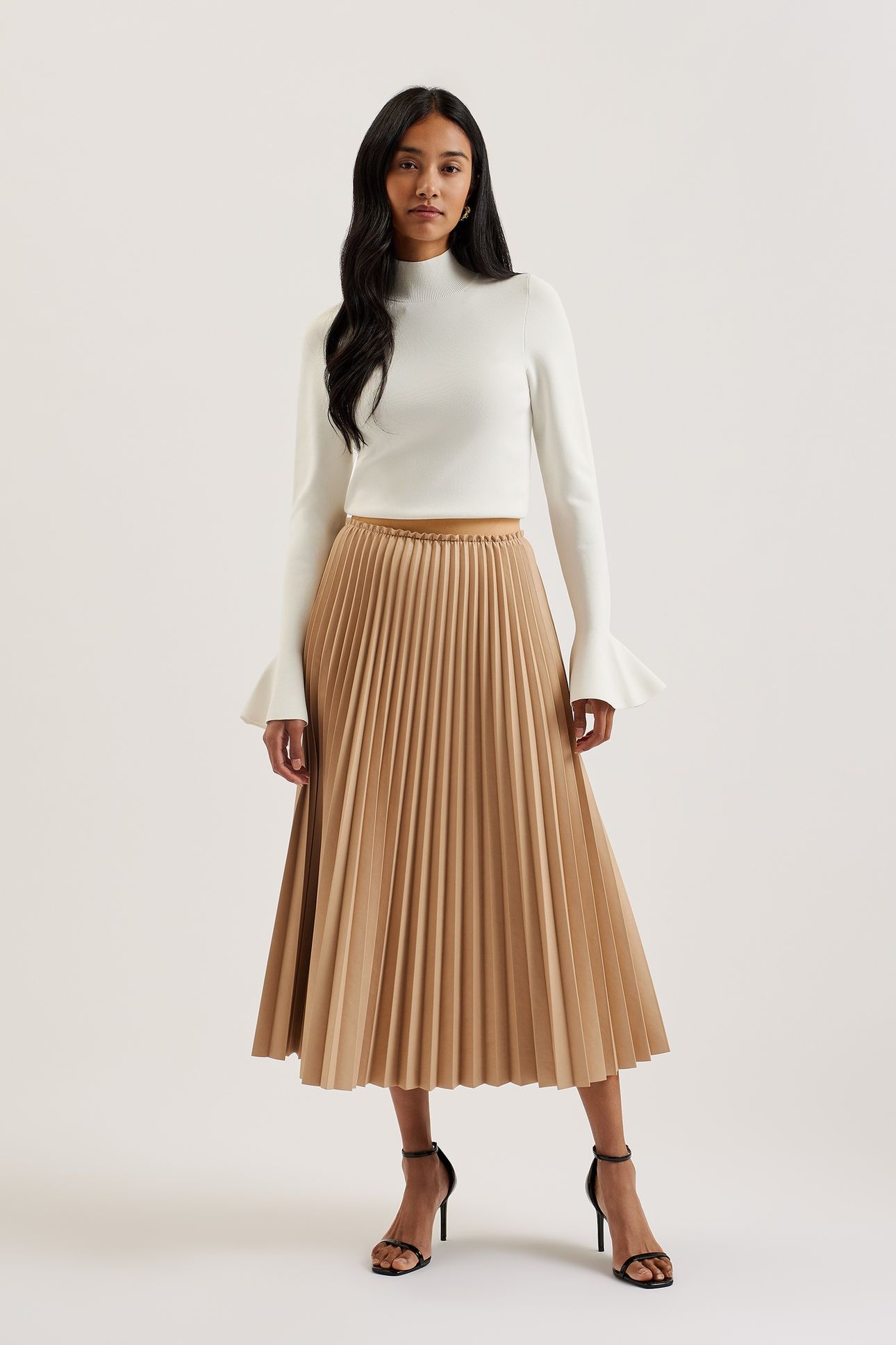 WMS LIYDAH FAUX LEATHER PLEATED SKIRT CAMEL 2
