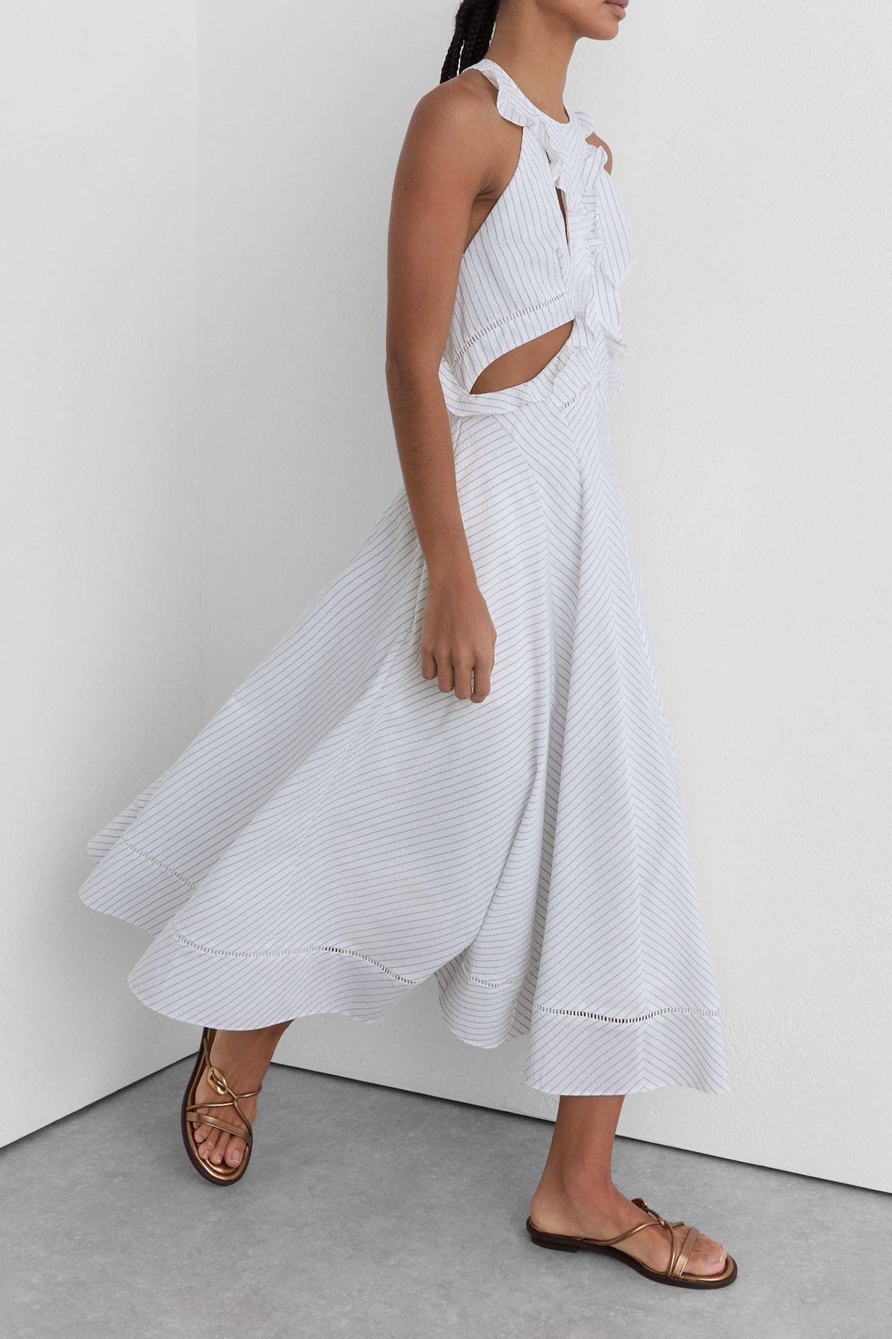 RUFFLE DETAIL STRIPED MIDI DRESS IVORY/BLUE 3