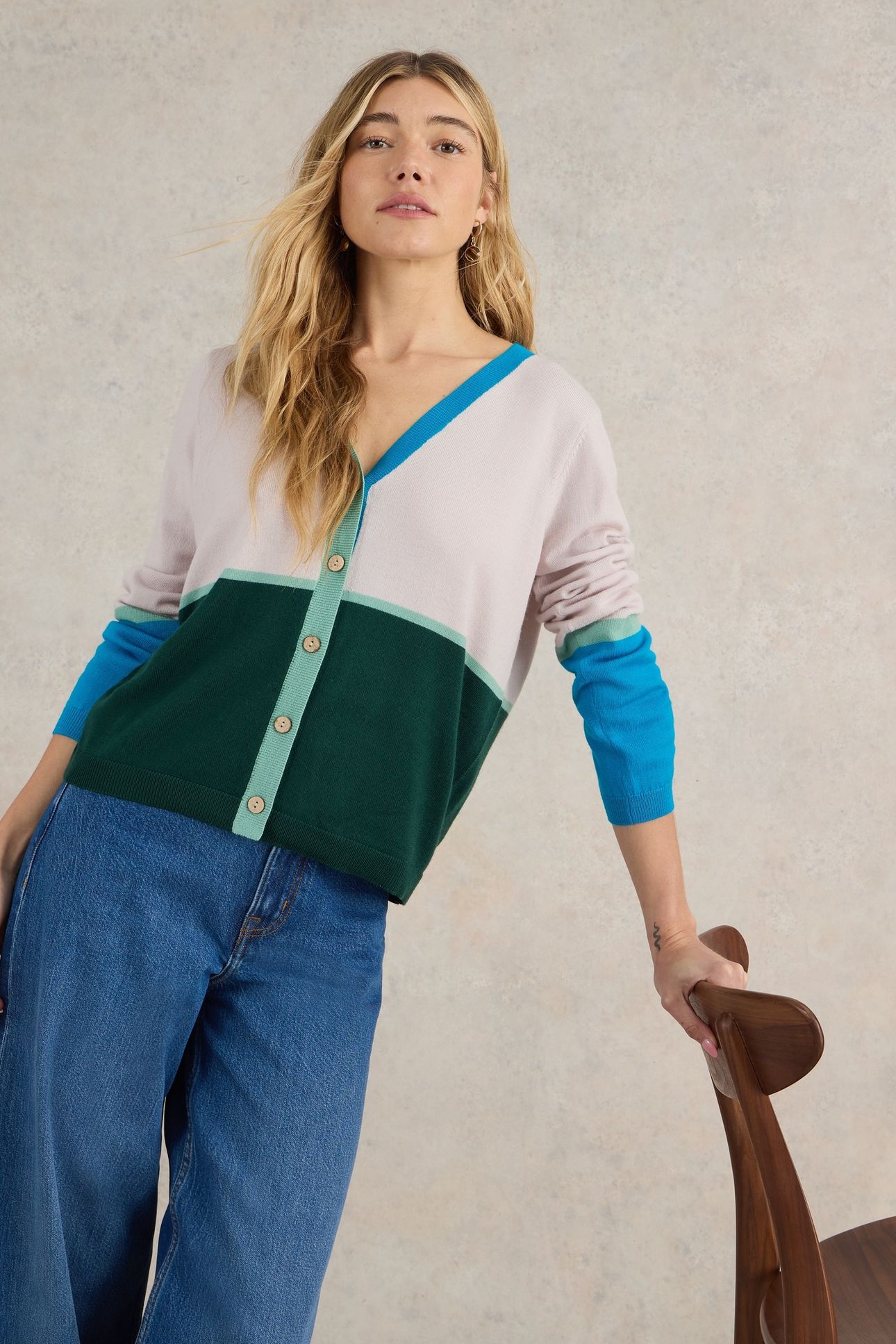 COLOUR BLOCK MERINO CARDI NAT MLT 2