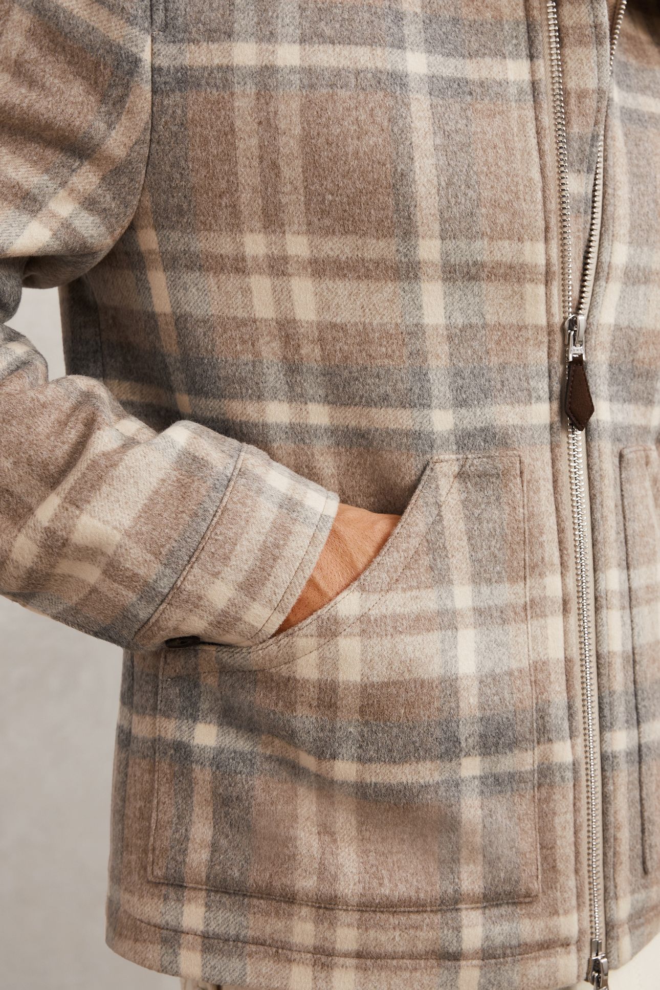LS CHECK ZIP THROUGH BORG COLLAR JACKET OATMEAL BROWN 5