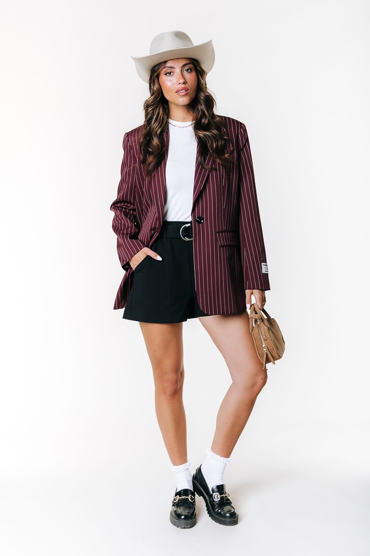 JESRA PINSTRIPE SINGLE BREASTED BLAZER MERLOT RED 2