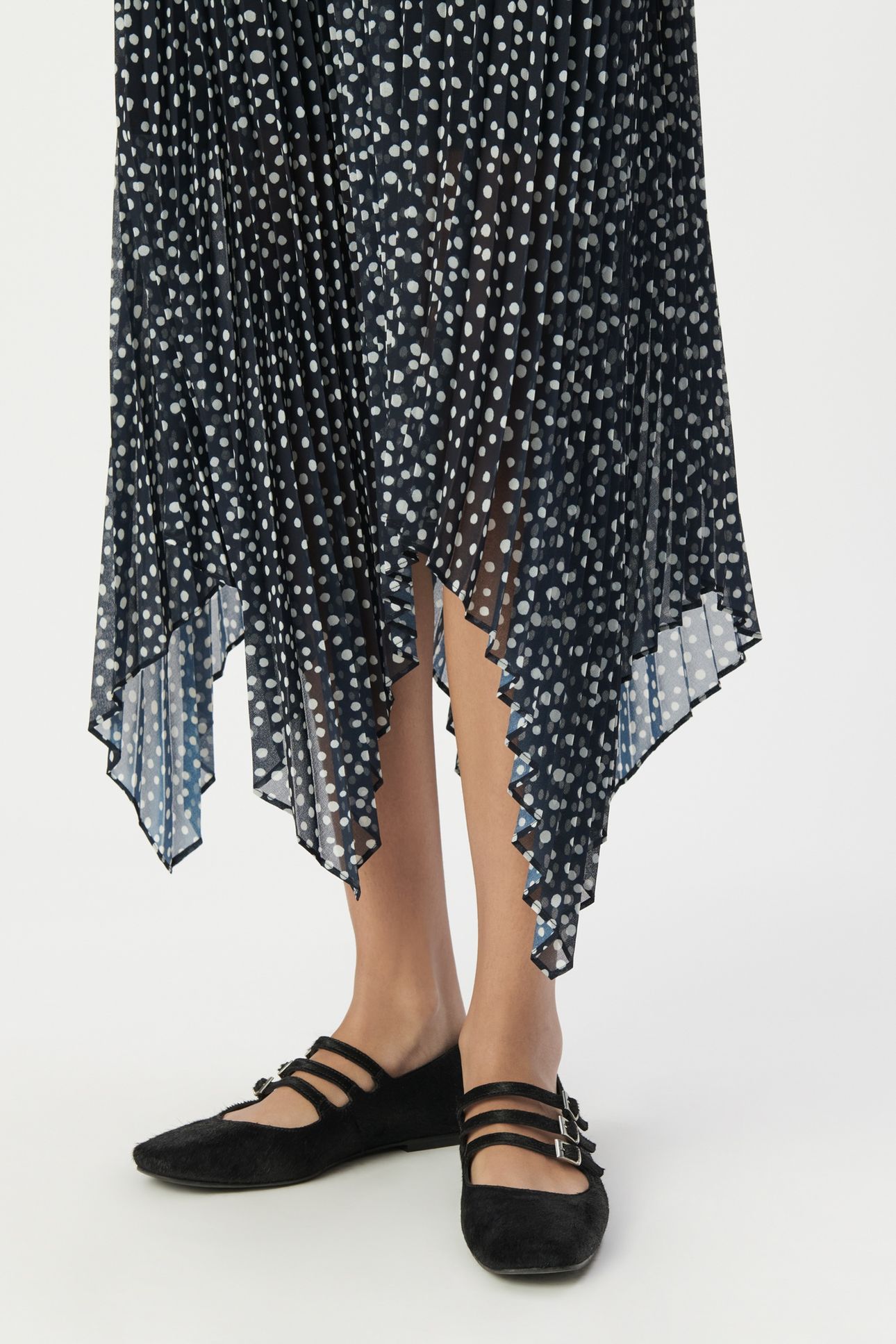 NAVY POLKA DOT PRINT PLEATED LONG SKIRT 5