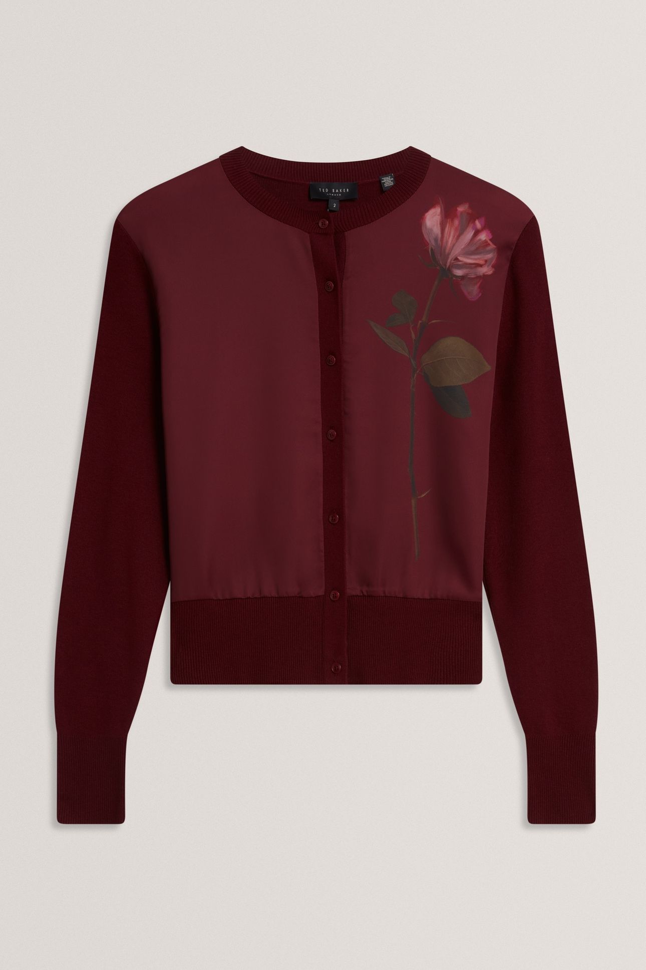 FLORAL PRINTED WOVEN FRONT CARDIGAN MAROON 3