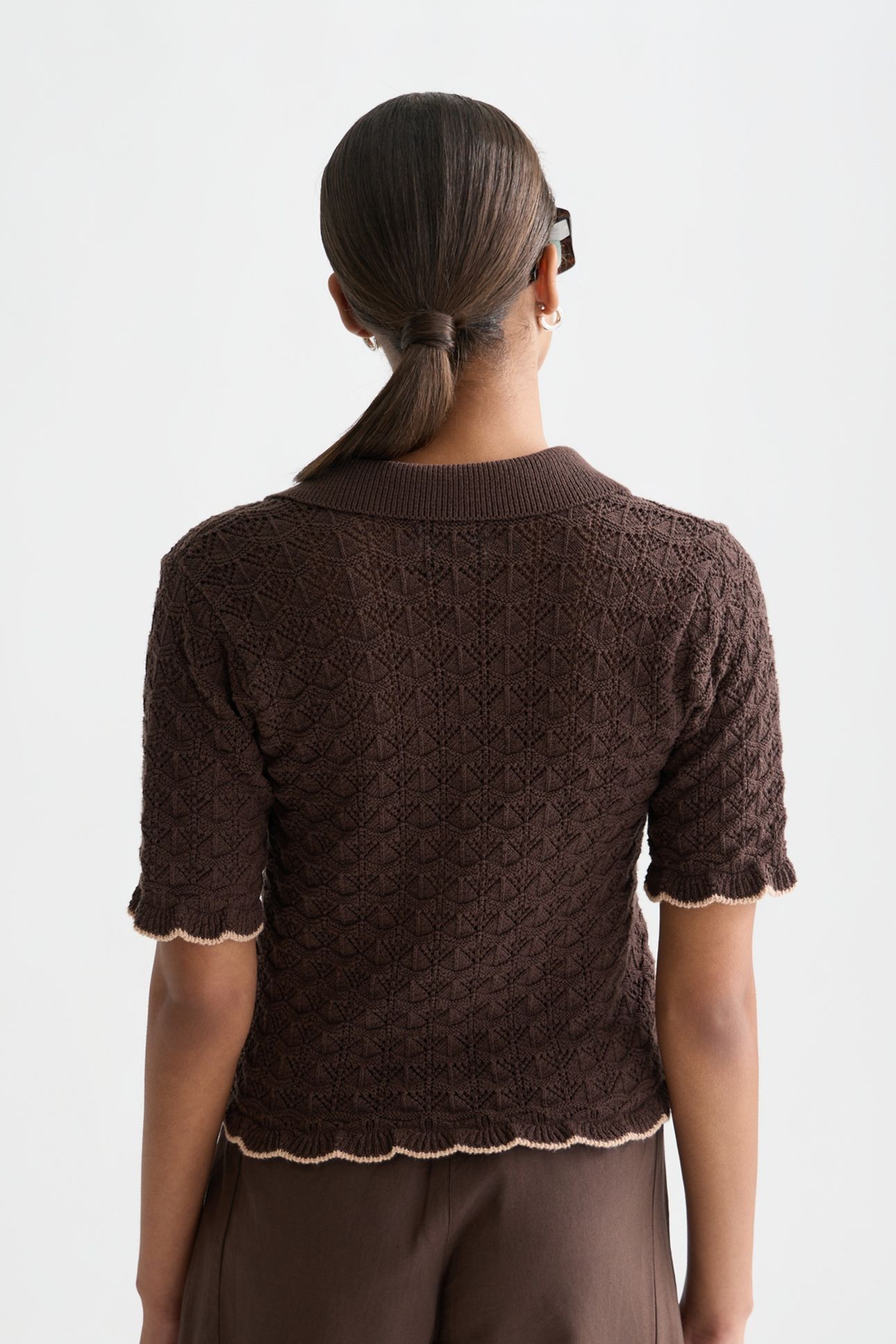 POINTELLE SHORT SLEEVE CARDIGAN HOT FUDGE 2