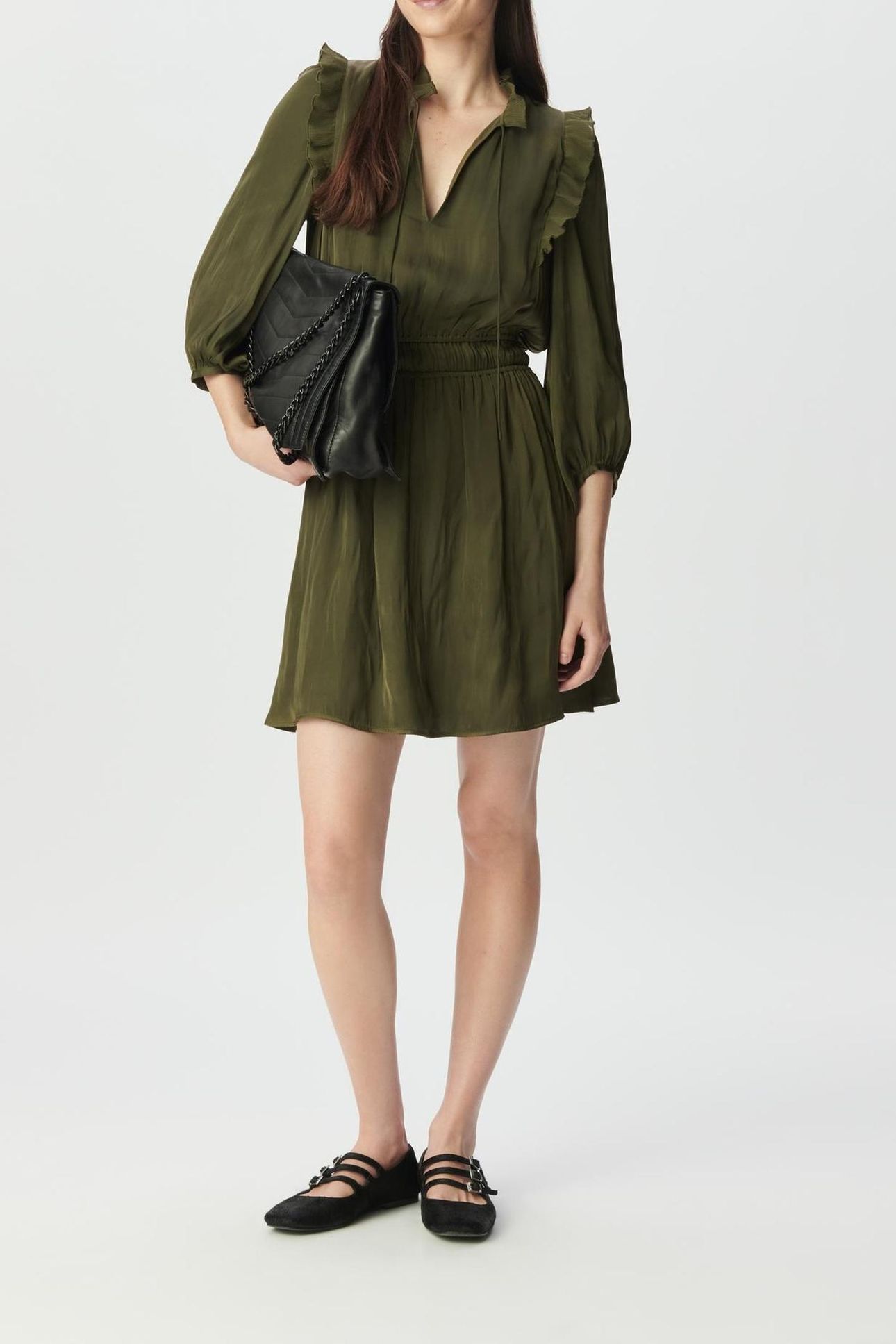 KHAKI CRUSHED SATIN DRESS WITH PLEATED RUFFLES 3