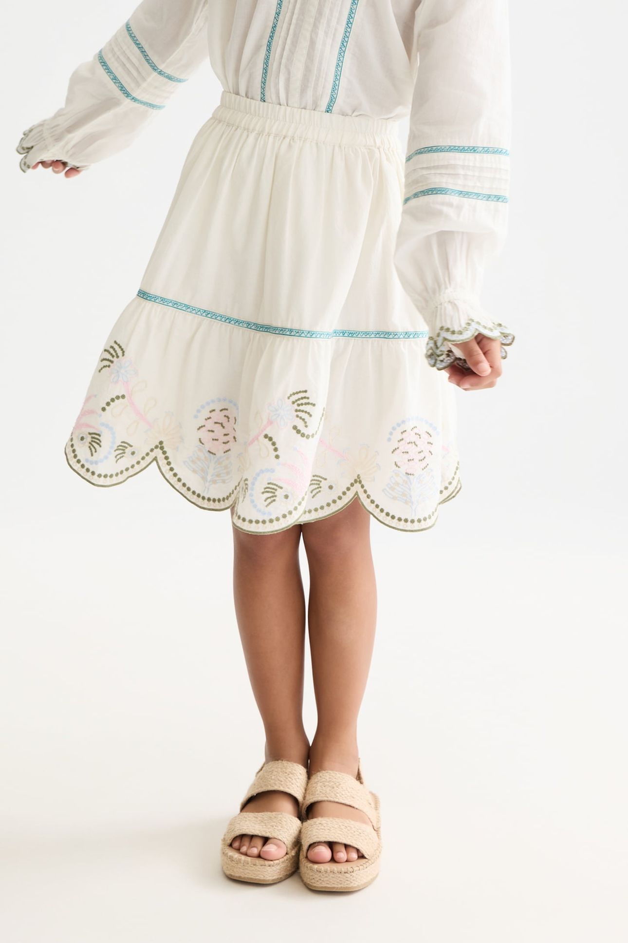 GIRLS EMBROIDERED HEM COTTON SKIRT WHITE TRADITIONAL 1