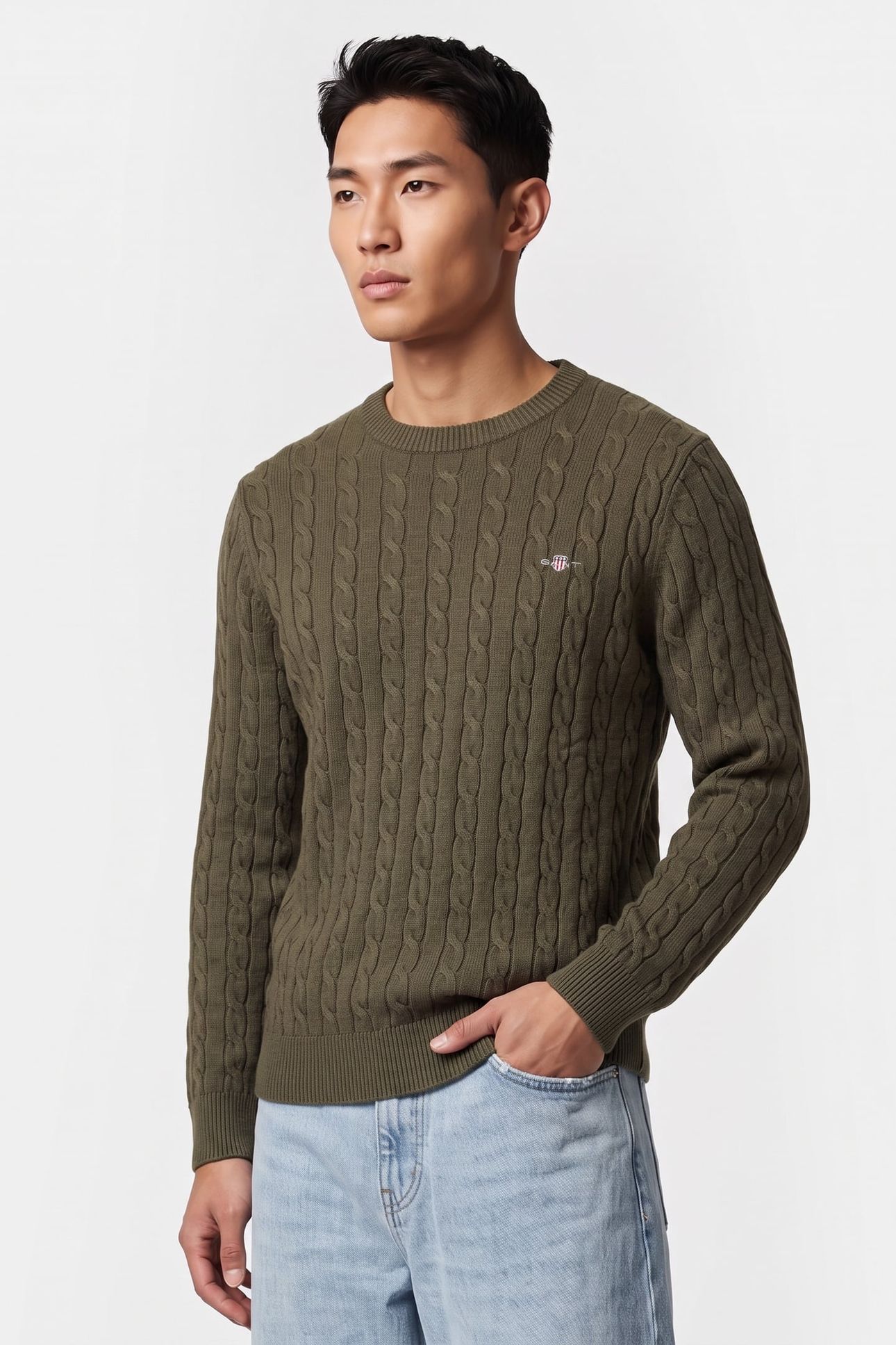 CLASSIC CABLE KNIT SWEATER KHAKI GREEN MEL 1