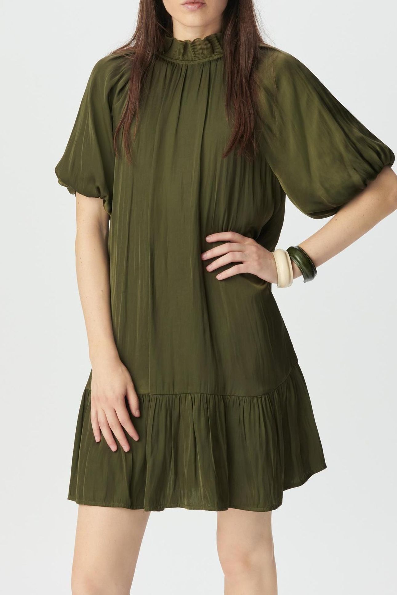 KHAKI FLOWING DRESS WITH BALLOON SLEEVES 1