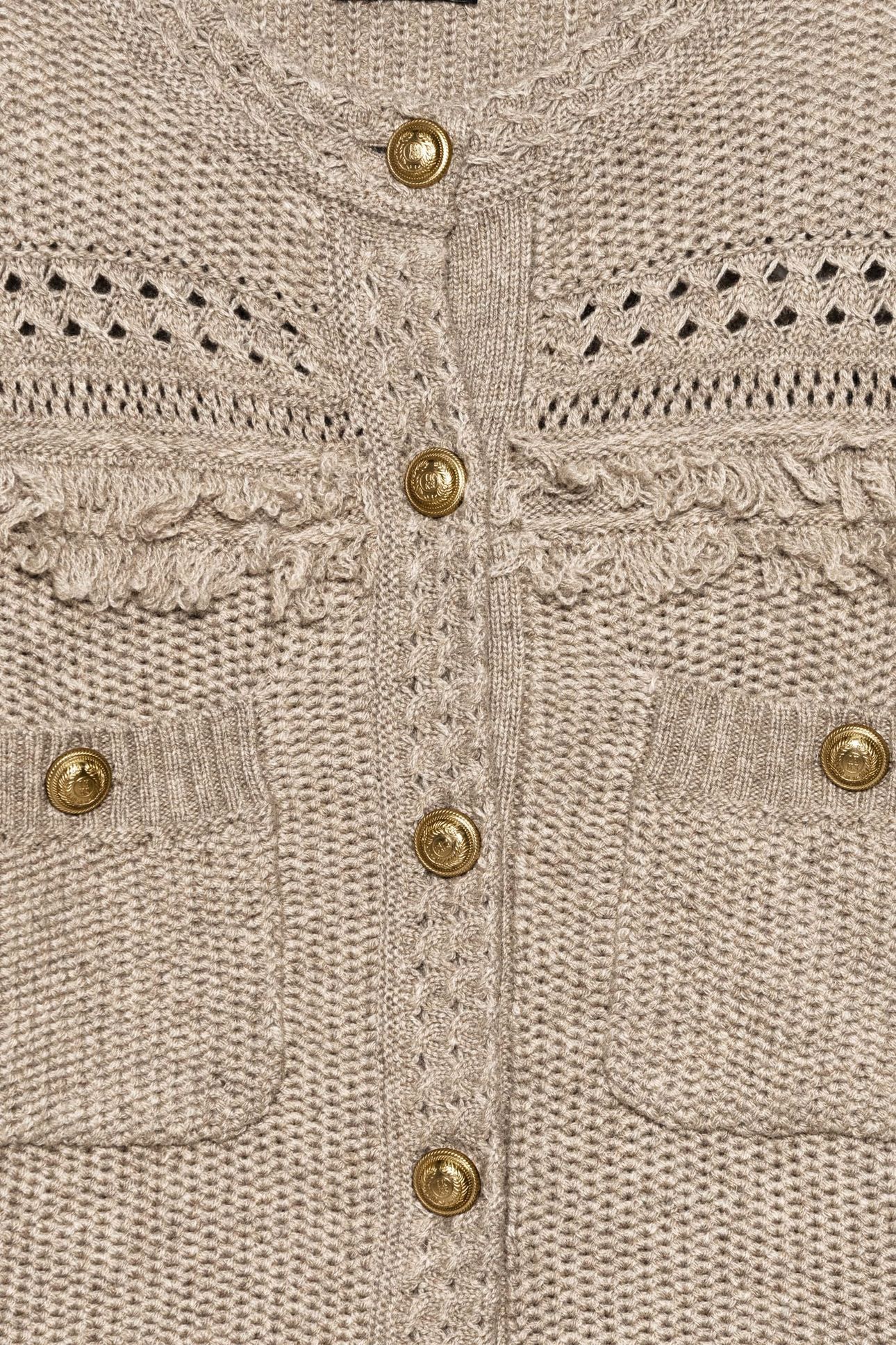 BEIGE KNIT CARDIGAN, FRINGED DETAILS, GOLD BUTTONS 7