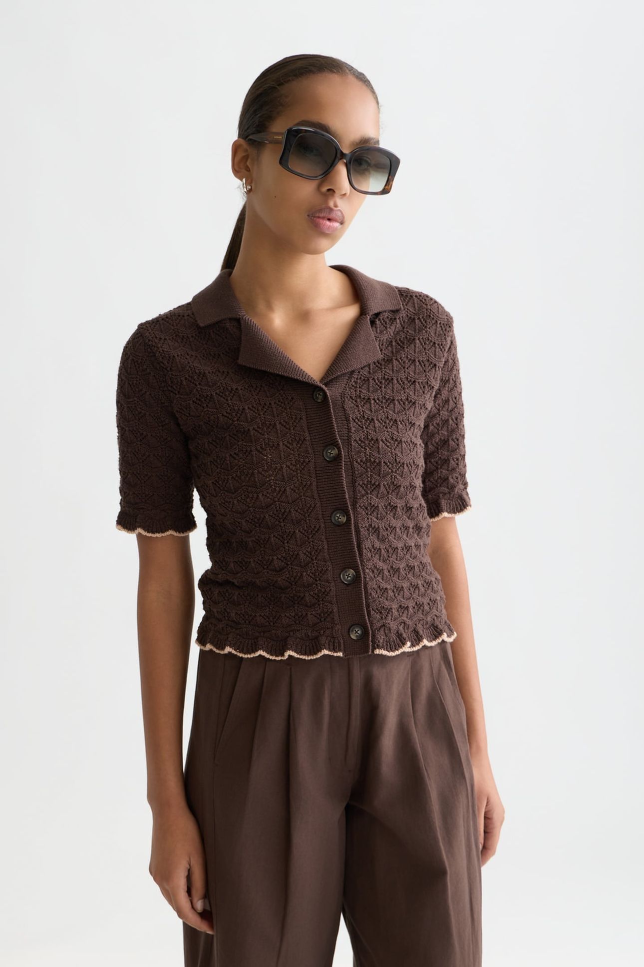 POINTELLE SHORT SLEEVE CARDIGAN HOT FUDGE 1