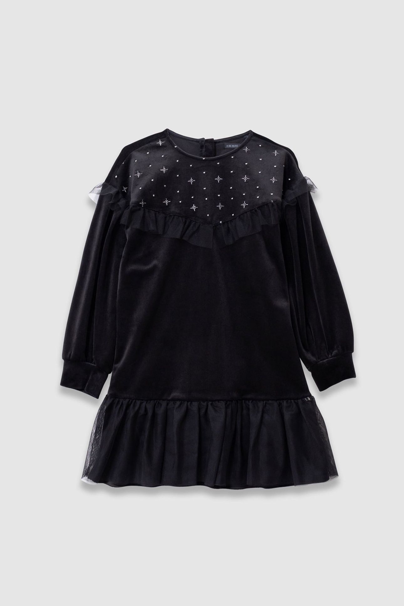 GIRLS’ BLACK EMBROIDERED VELVET DRESS WITH TULLE RUFFLES 1