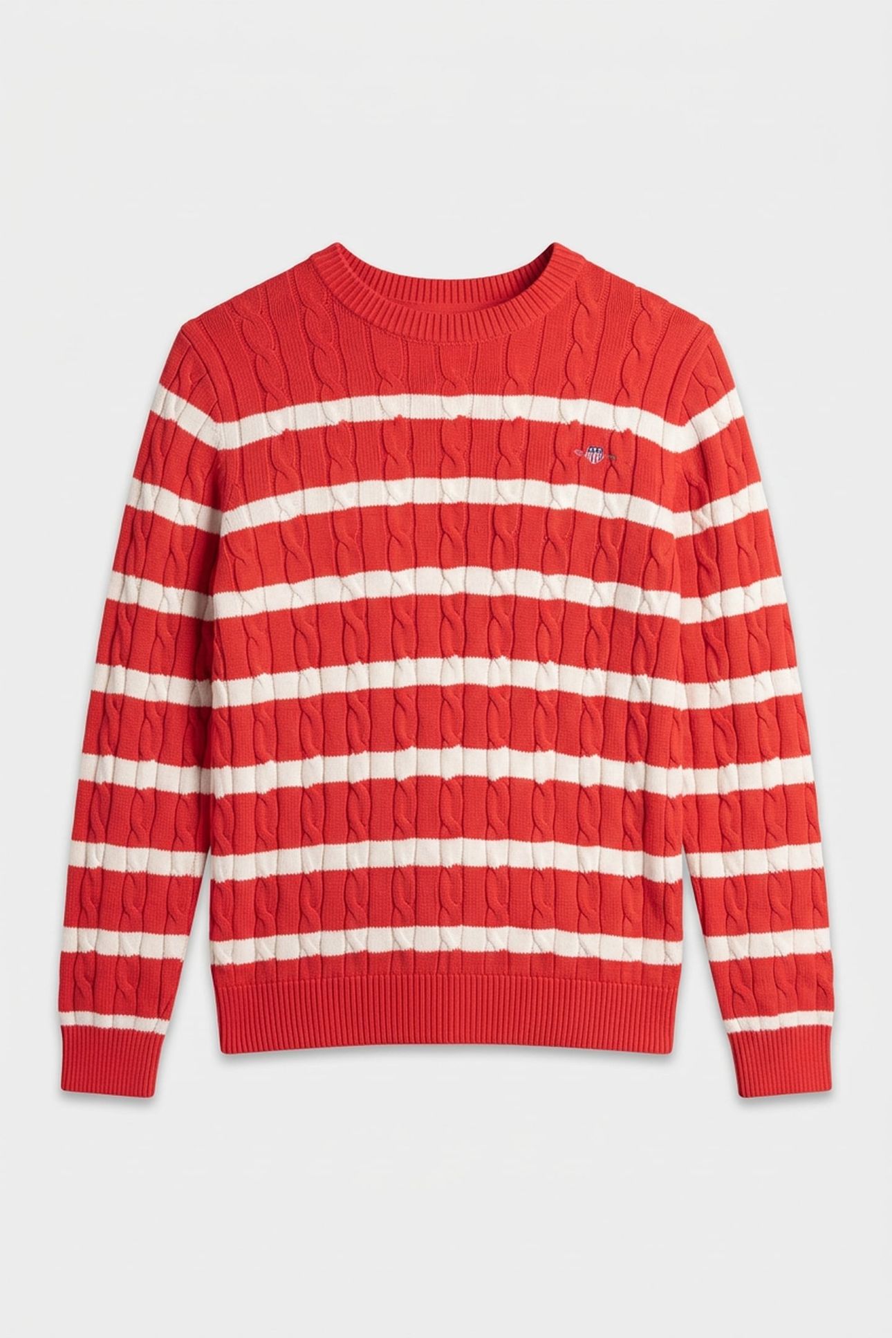 STRIPED COTTON CABLE C-NECK ROSE RED 3